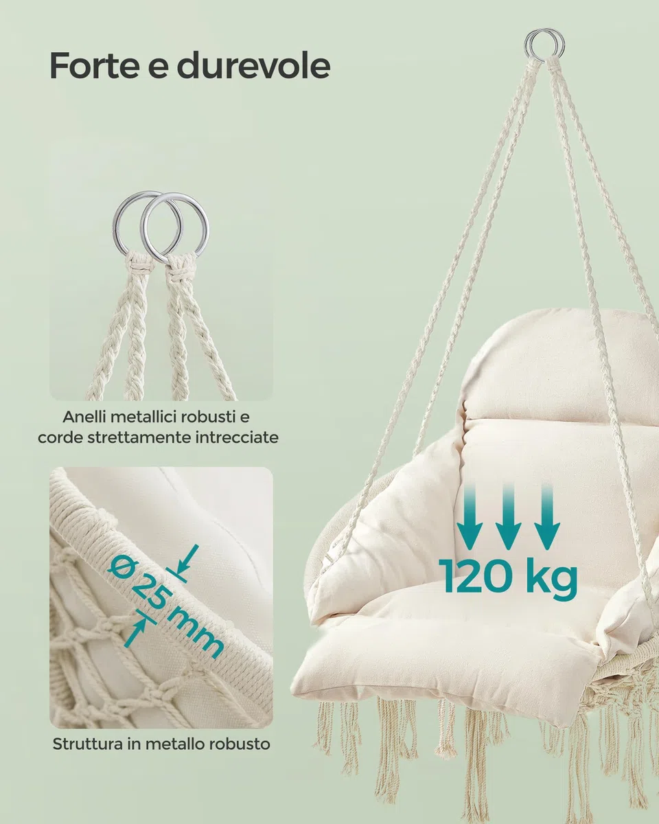 SONGMICS Sedia Altalena, Sedia Amaca, Cuscino Ben Imbottito, Sedia Sospesa Boho, Camera da Letto Balcone Giardino Soggiorno, Regge 120 kg, Accessori Inclusi, Bianco Crema GDC042M01