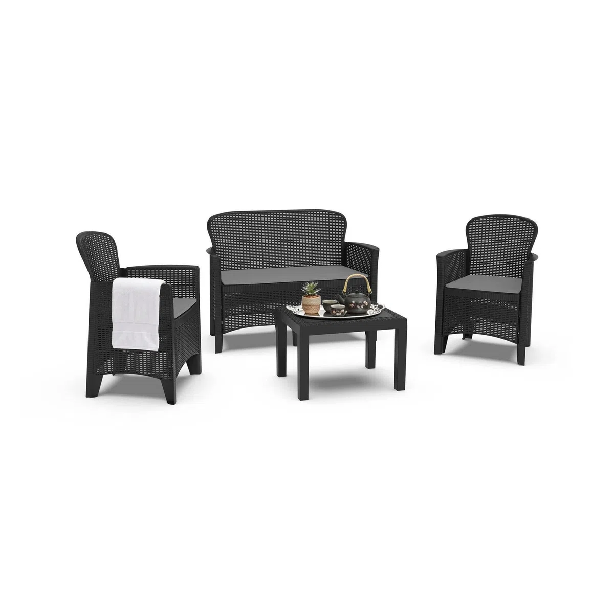 Dmora - Set salotto da esterno Ostuni, Set da giardino con 2 poltrone, 1 divano ed 1 tavolino, Salottino effetto rattan con cuscini, 100% Made in Italy, Antracite
