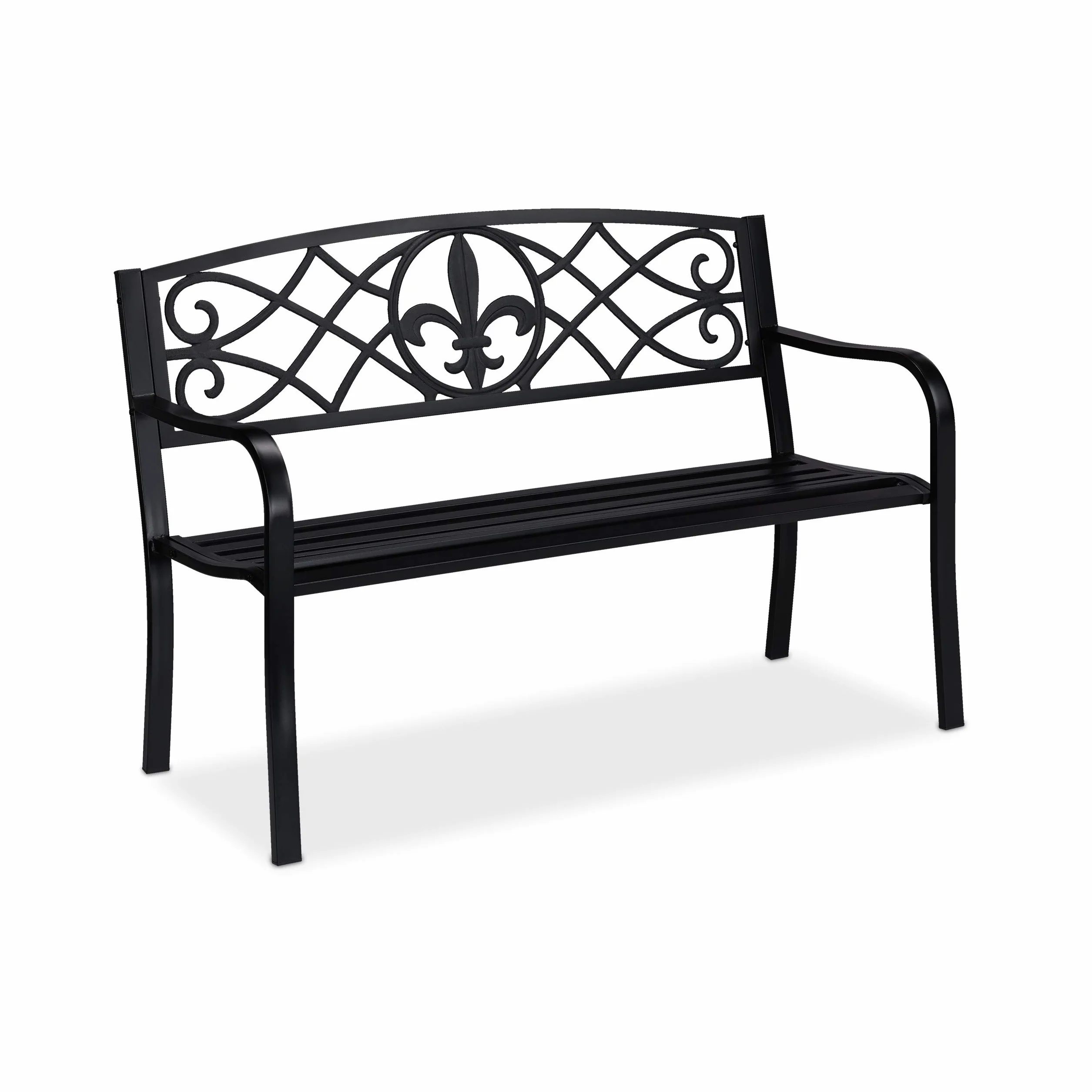 Relaxdays Panca da Giardino, con Giglio Decorativo, a 2 Posti, Acciaio, Arredamento Outdoor, 86 x 127 x 60 cm, Nero