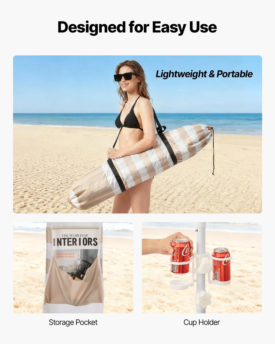 VEVOR Tenda da Spiaggia per Esterno da 2438 x 2438 mm con Parete Laterale, Protezione UPF 50+, Facile da Montare con Tasche per la Sabbia, Ombrellone Parasole Portatile Regolabile in Altezza