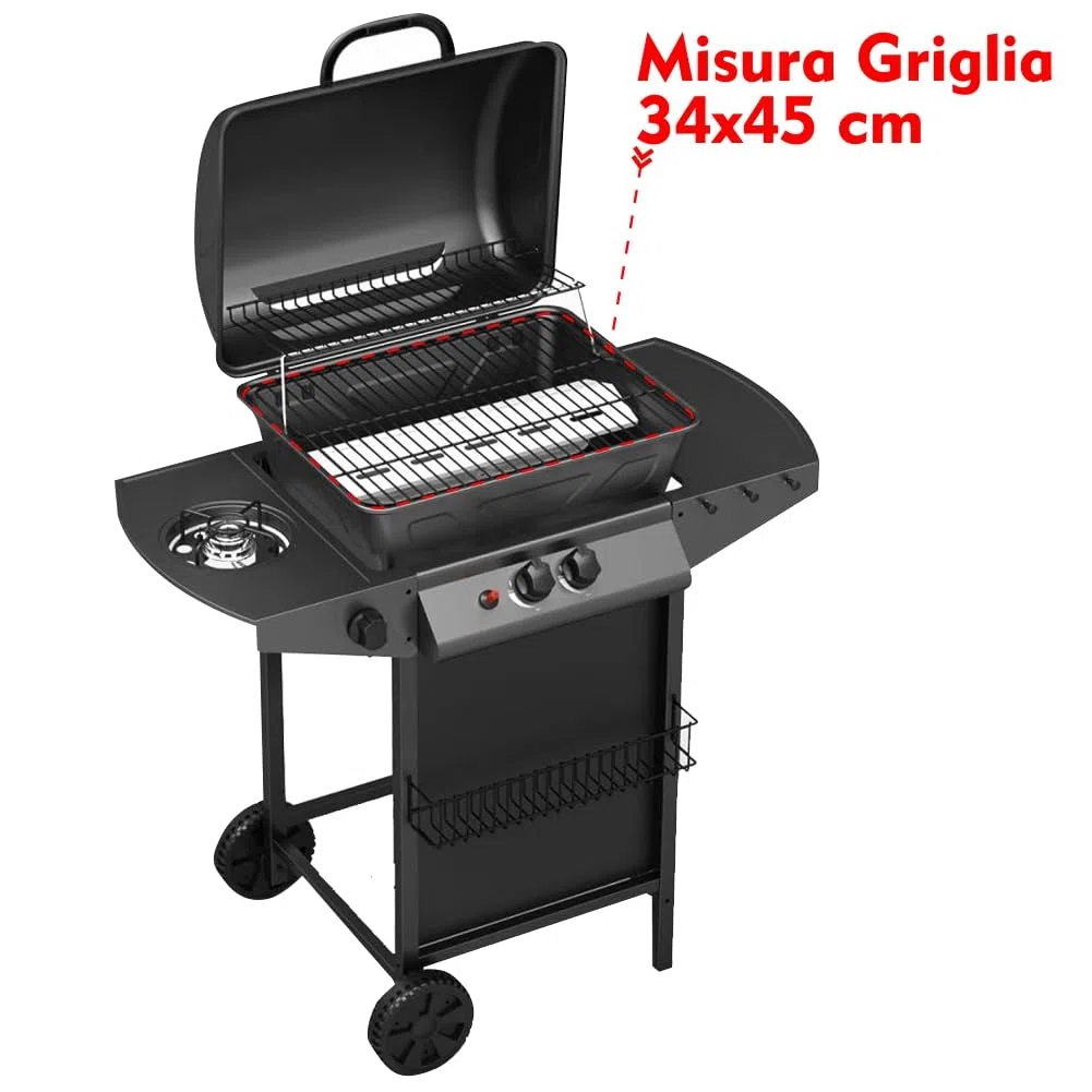 Barbecue a Gas con Pietra Lavica BBQ a Gas 2 Bruciatori + Fornello Laterale Struttura in Acciaio con Piano Laterale D’appoggio e 3 Appendini Pratiko Life