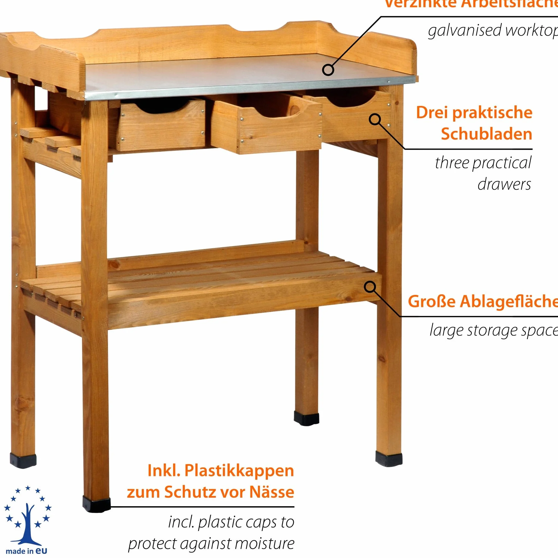 dobar 29030e Tavolo Pratico piantare con 3 cassetti e 2 Ripiani in Legno di Pino impregnato, 80 x 40 x 90 cm