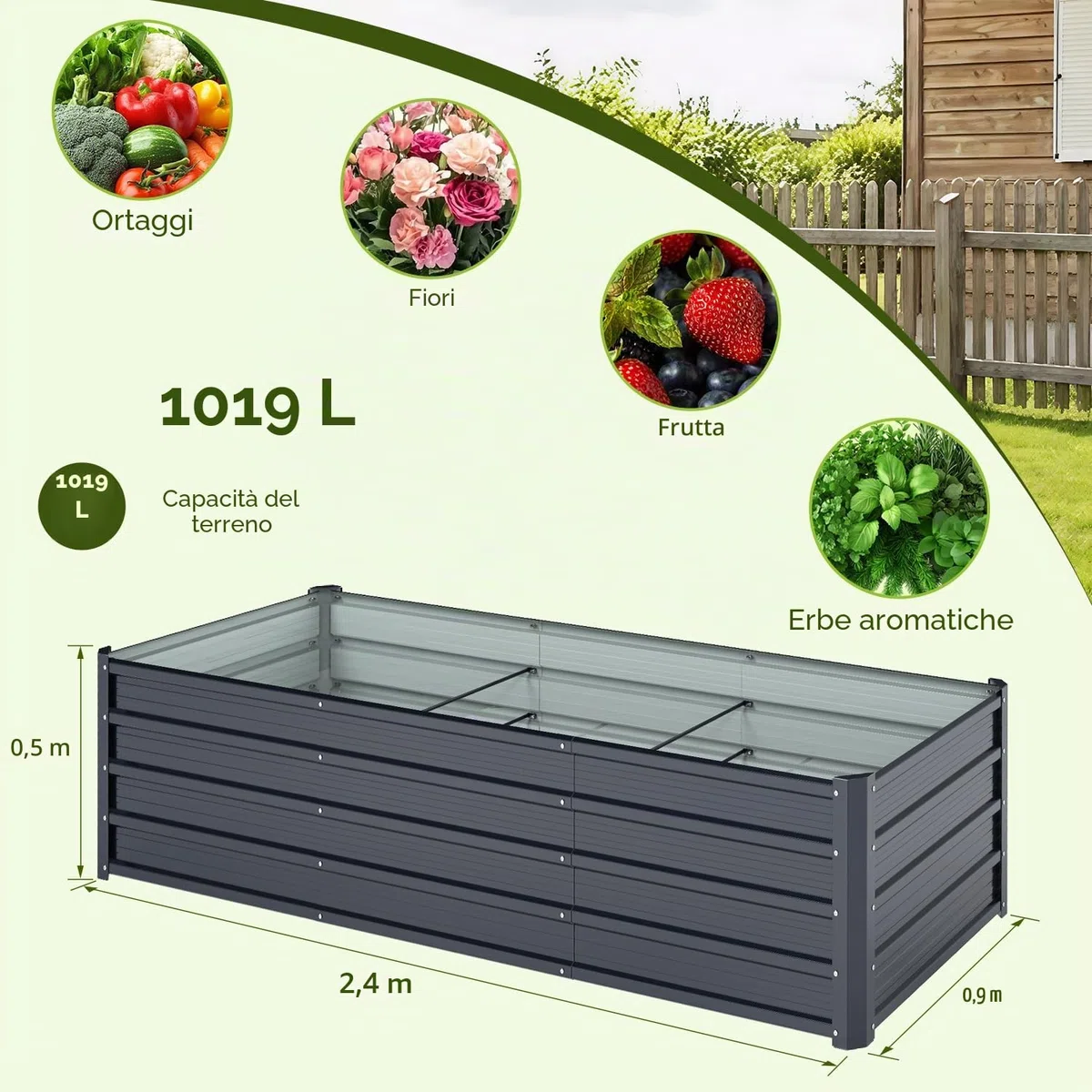 Ohuhu Fioriera Rialzata per Esterno, Cassetta da Giardino in Acciaio Rivestito Rinforzato 240x90x45 cm, Letto da Giardino in Metallo Rivestito Antiruggine per Verdure, Fiori e Sukkulent Grigio