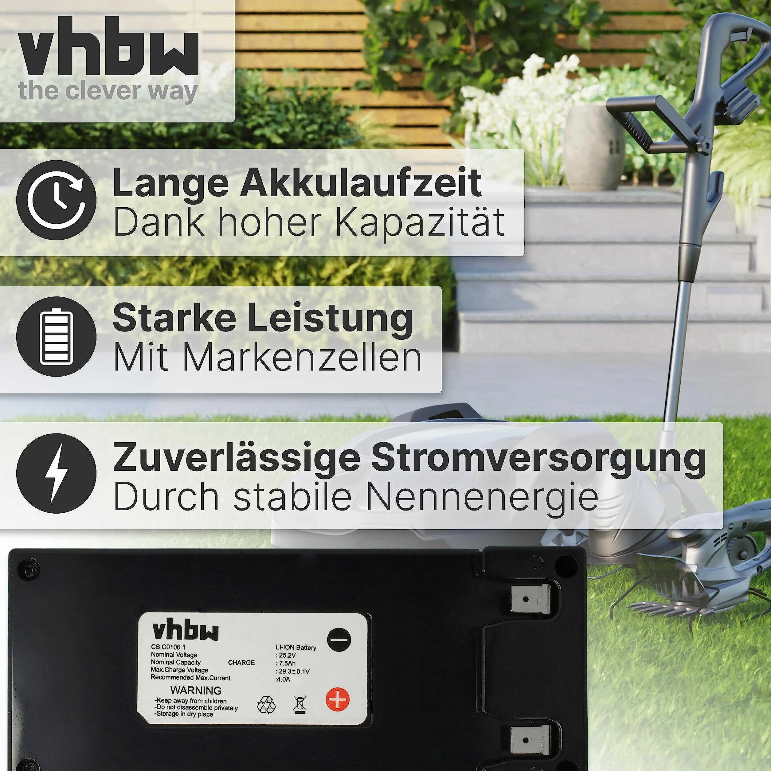 vhbw batteria sostituisce Zucchetti CSC0106, C_SC0106/1, C_SC0106/2, CS_C0106_BT_R, C_SC0106 per robot tagliaerba 7,5Ah 25,2V Li-Ion