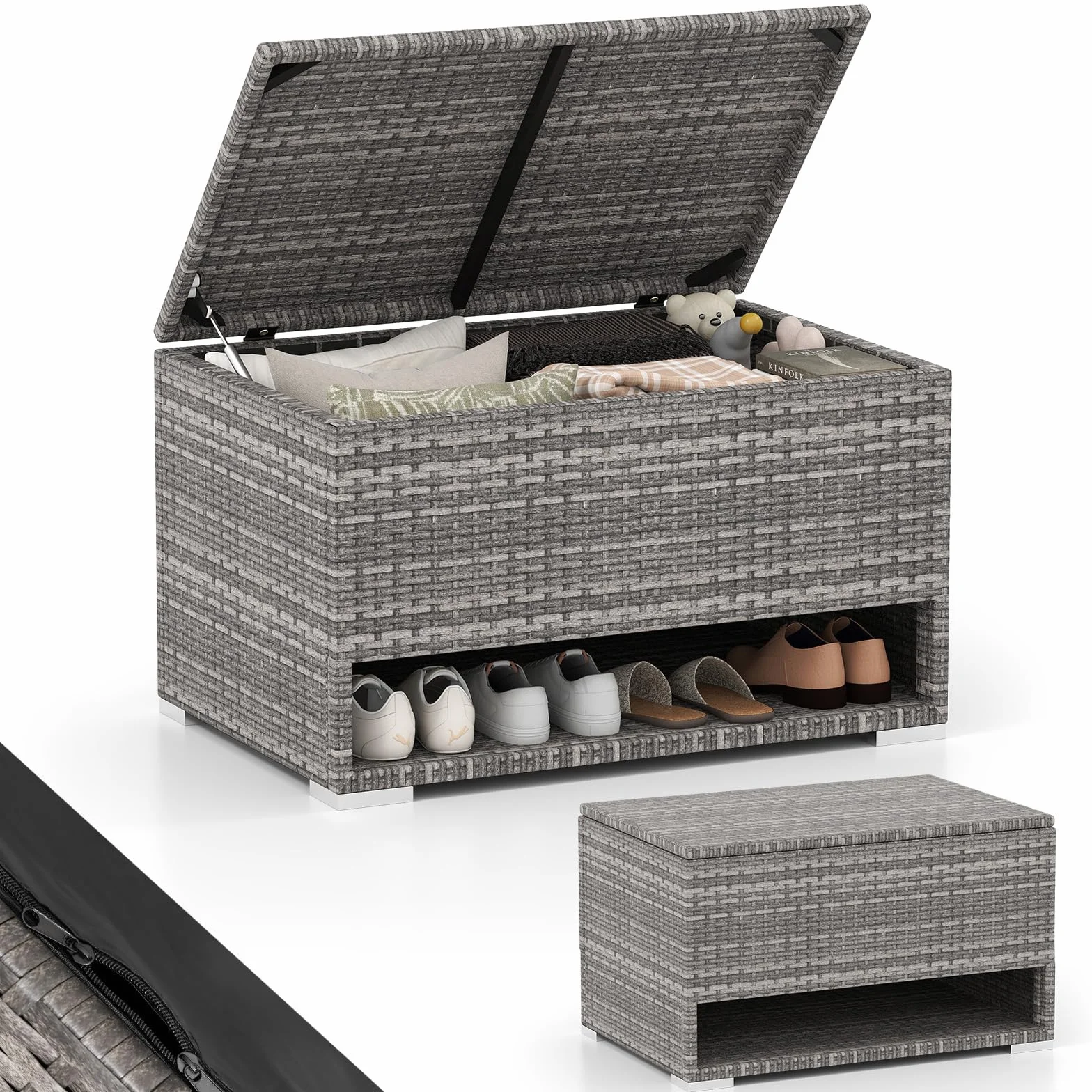 COSTWAY Baule da Giardino 186 L, Panca Contenitore in Rattan con Scarpiera, Rivestimento Protettivo, Organizzatore per Cuscini, Accessori Piscina, Attrezzi da Giardino (Grigio)