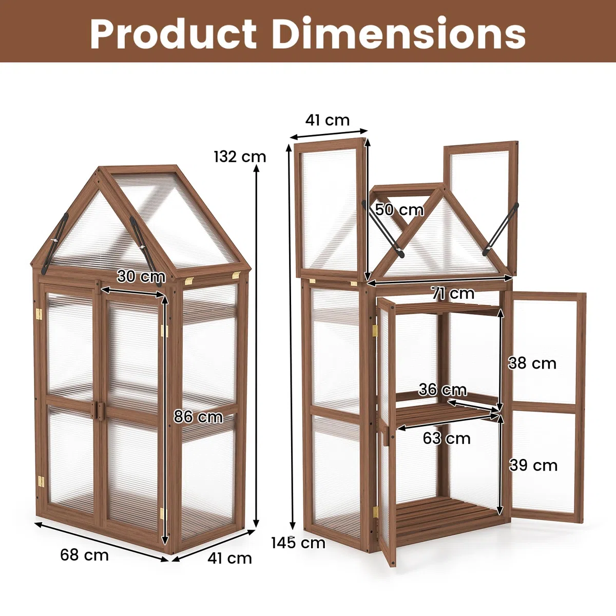 HOMASIS Mini Serra da Giardino a 3 Livelli Trasparente in Policarbonato, Serra da Balcone Invernale con 2 Porte, Tetto Apribile e Ripiani Regolabili, Struttura in Legno di Abete, 71 x 41 x 133 cm