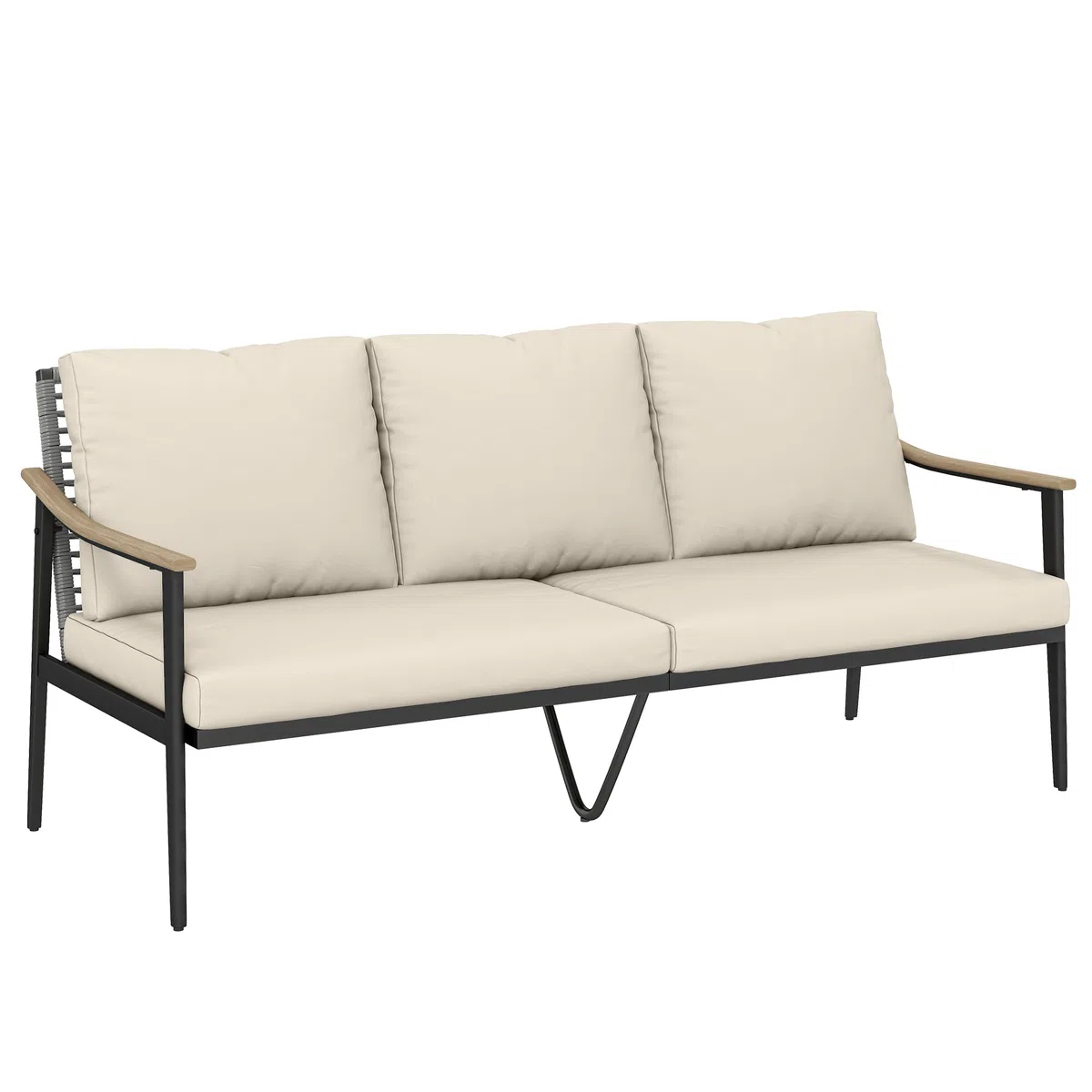 Outsunny Divanetto da Esterno a 3 Posti in Rattan PE, Divano da Esterno con Braccioli Effetto Legno, Cuscini Lavabili, Struttura in Acciaio, Divano da Giardino per Terrazzo, Patio e Balcone, Cachi