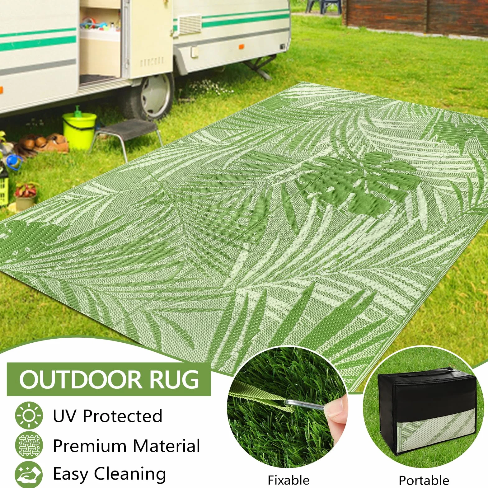 Famibay Tappeto per Esterno Motivo a Foglie Verdi Elegante Tappeto Impermeabile Eeversibili e Resistente ai Raggi UV per Giardino, Patio, Spiaggia, Picnic, Campeggio, Cortile 150 x 245 cm