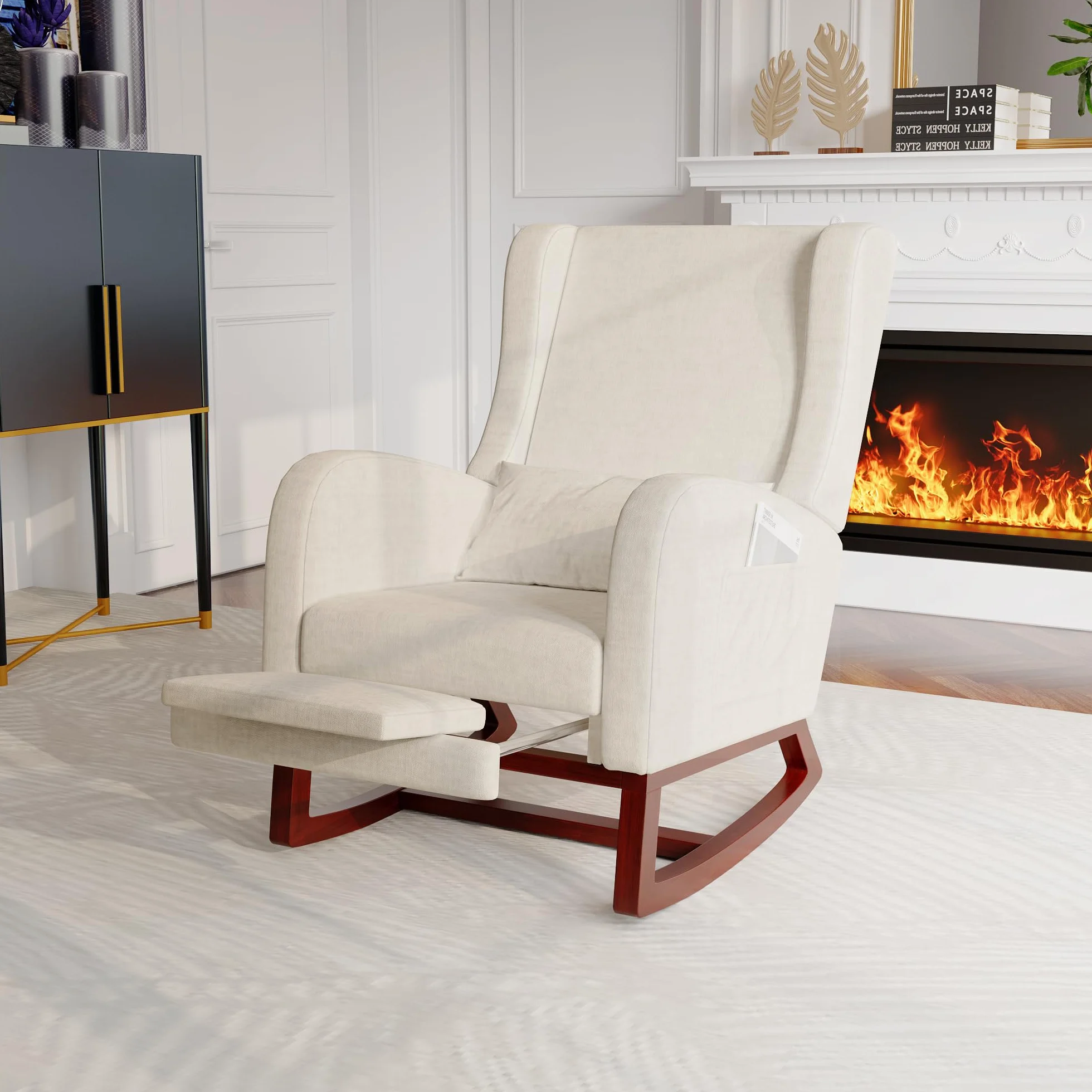 Sedia a Dondolo, Poltrona a Dondolo in Legno per Esterno, Sedia a Dondolo per il Salotto, Adatta per Camera da Letto, Soggiorno e Esterno (Beige, Velluto Spazzolato)