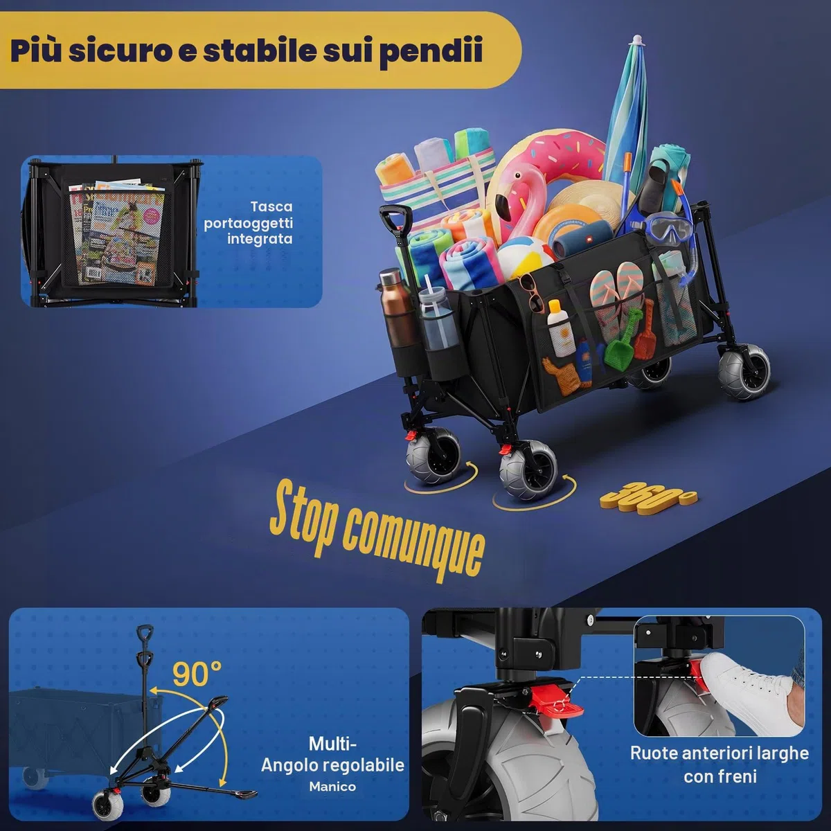 200L Grandi Carro Playa Plegable con Ruedas Todo Terreno, 200kg Carretto Spiaggia Pieghevole con Regolabile Braccioli e Freno, Carrito Playa Ruedas Borsa 20L per Campeggio Spesa