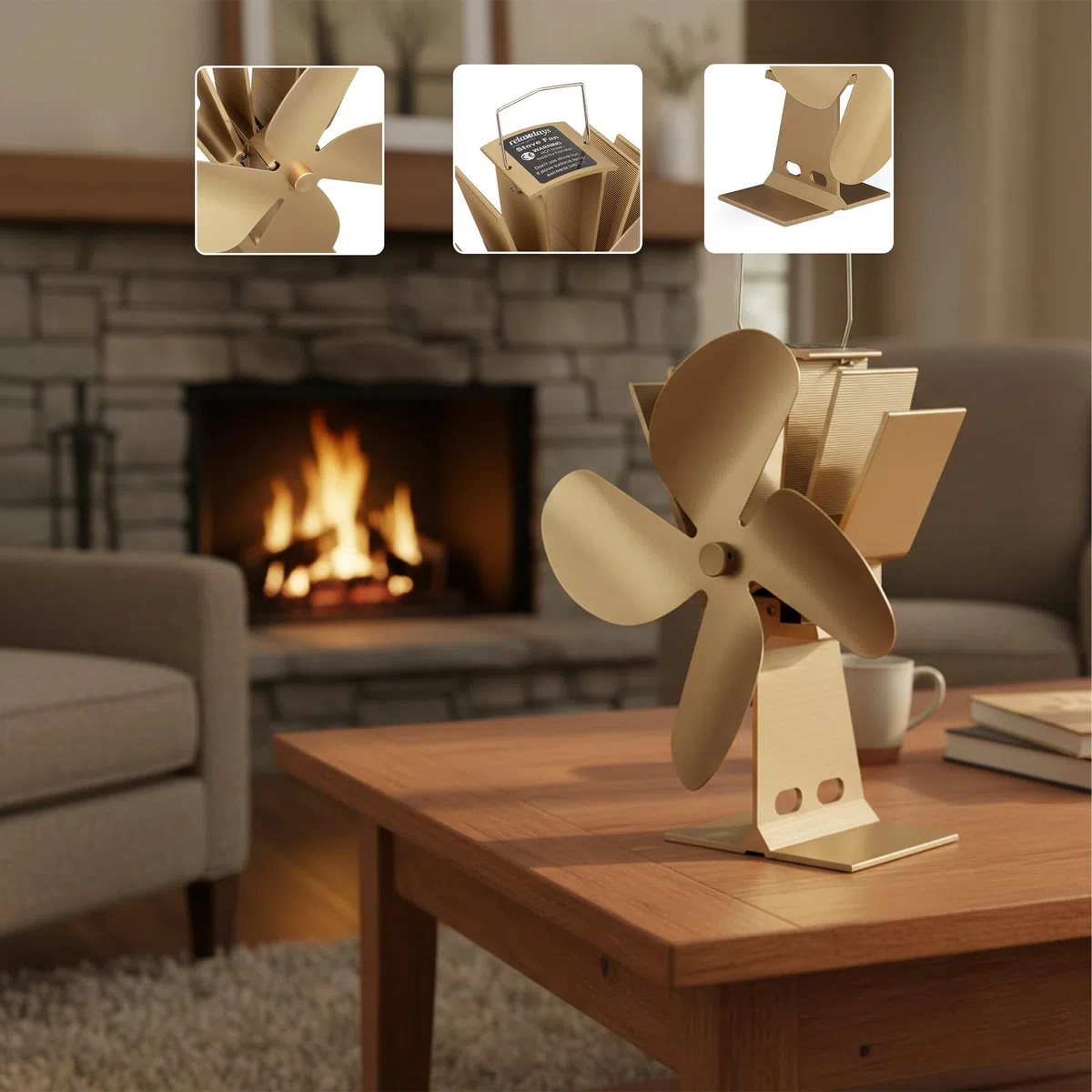 Relaxdays Ventola per Stufa Senza Elettricità, Silenzioso, Ventilatore per Camino & Forno, Accessorio, 4 Pale, Bronzo