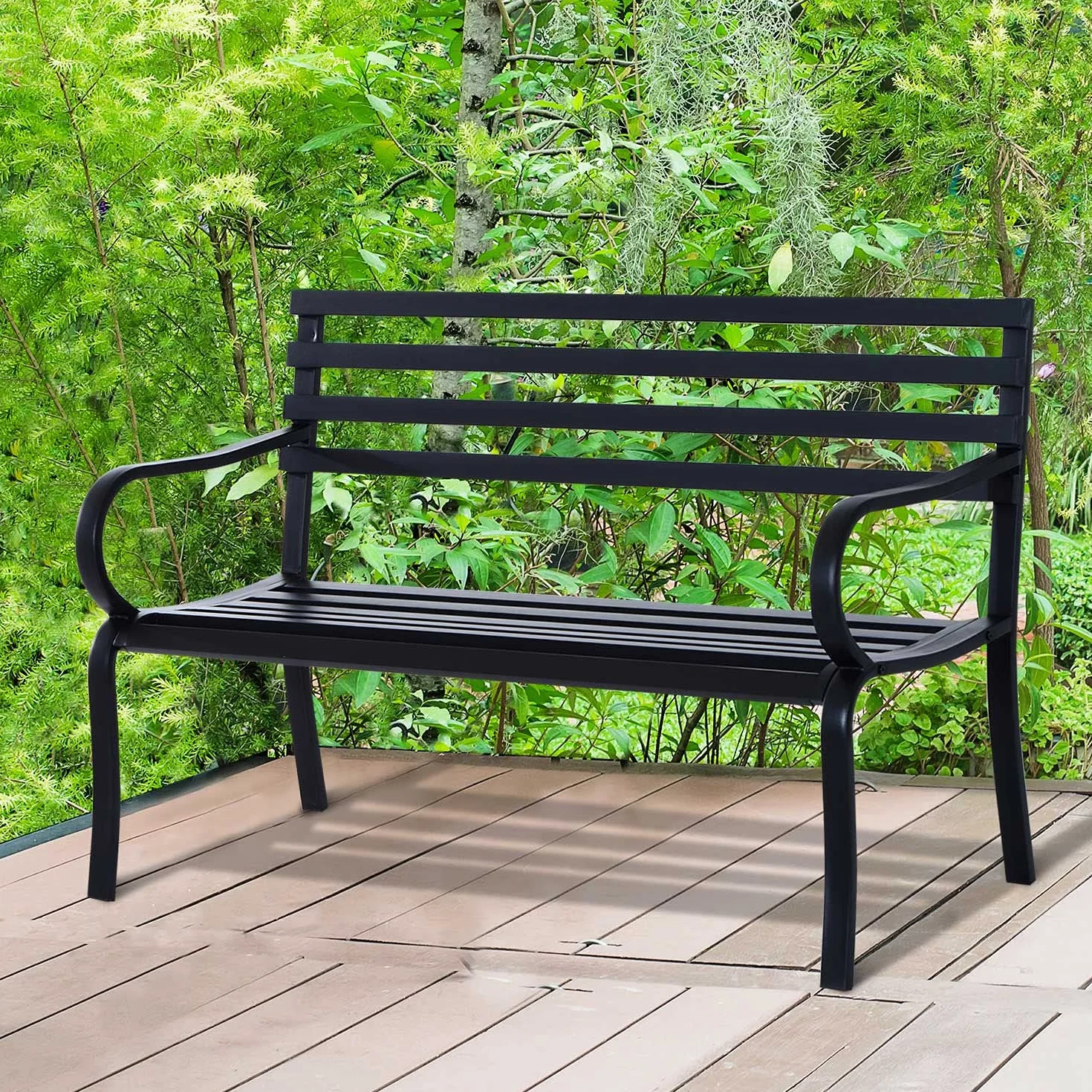 Outsunny Panchina da Esterno in Metallo Impermeabile Nero, Panca da Giardino a due Posti, 127 x 62 x 82cm - Max 240kg
