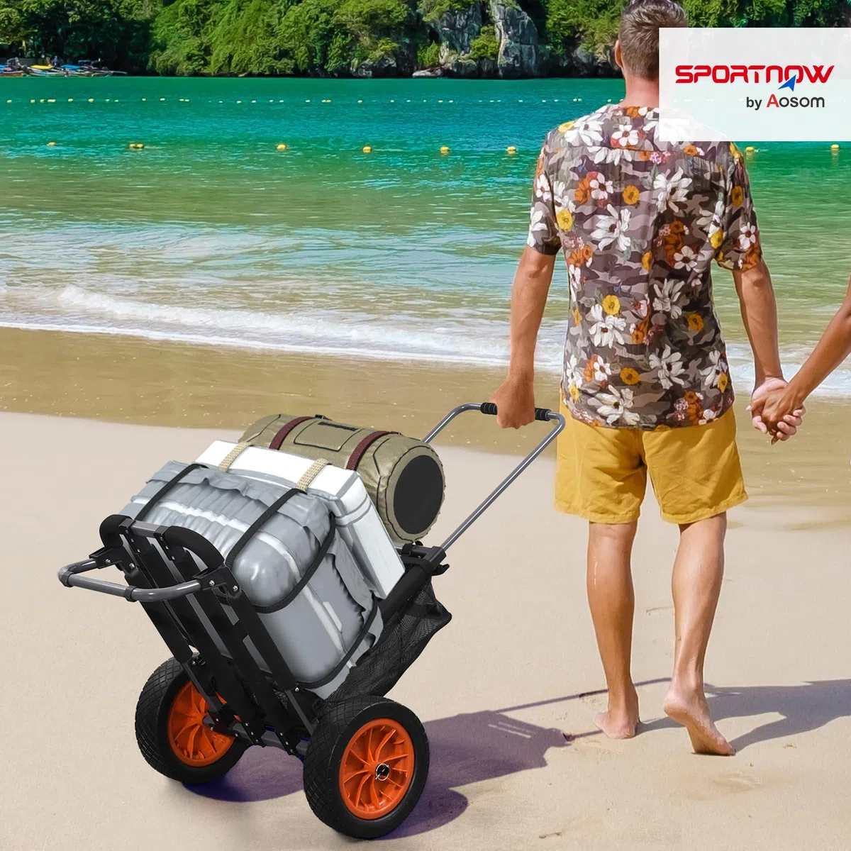 SPORTNOW Carrello da Spiaggia Pieghevole in Alluminio e PU con Tasca in Rete, Manico Telescopico e Cavalletto, 82x67x81 cm, Multicolore