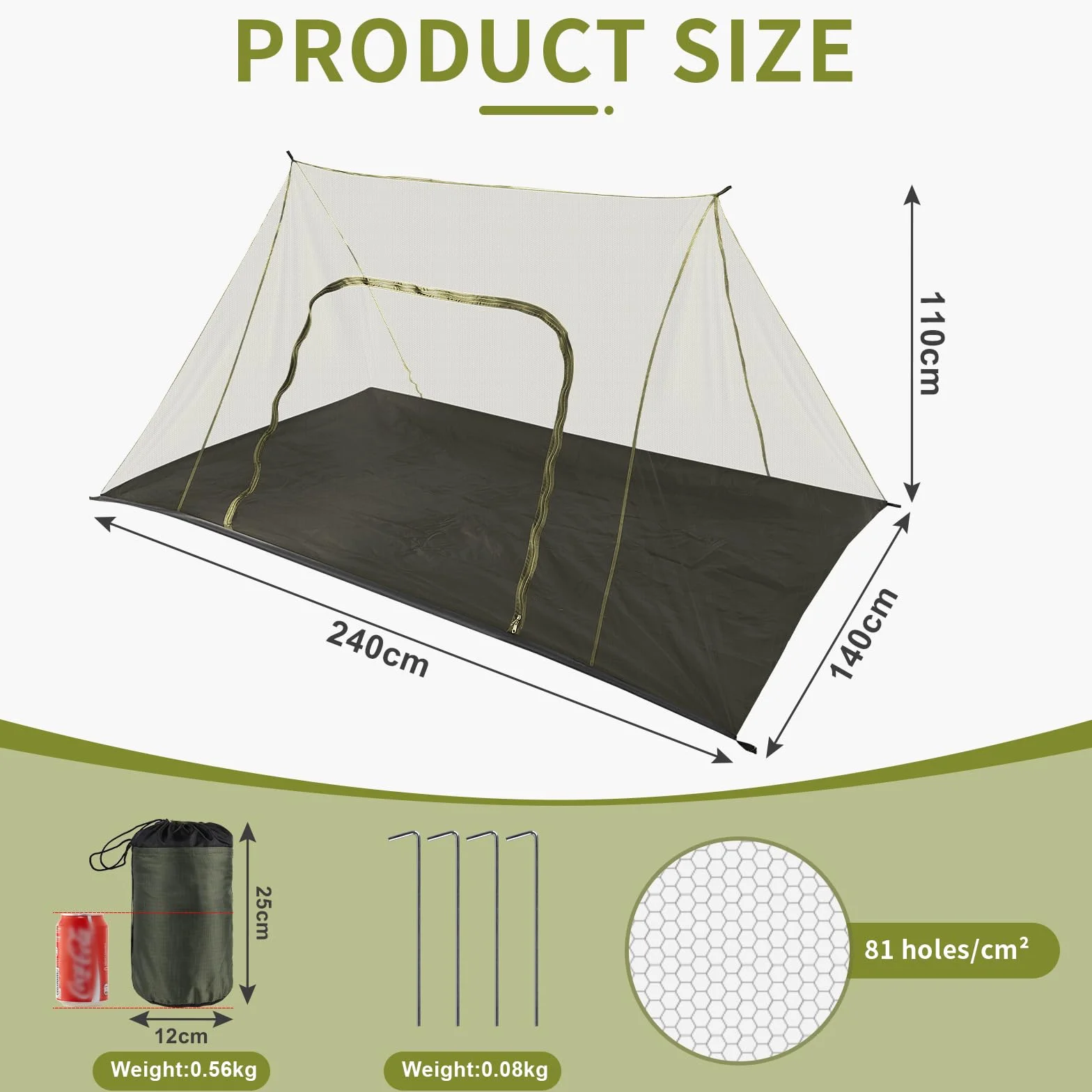 EFUTURETIME Grande Zanzariera da Campeggio, 240X140X110cm, Zanzariera da Viaggio Leggera, Portatile, Tenda Anti-Zanzara Impermeabile con Porta Cerniera per Escursionismo, Tetto A due Falde-Verde
