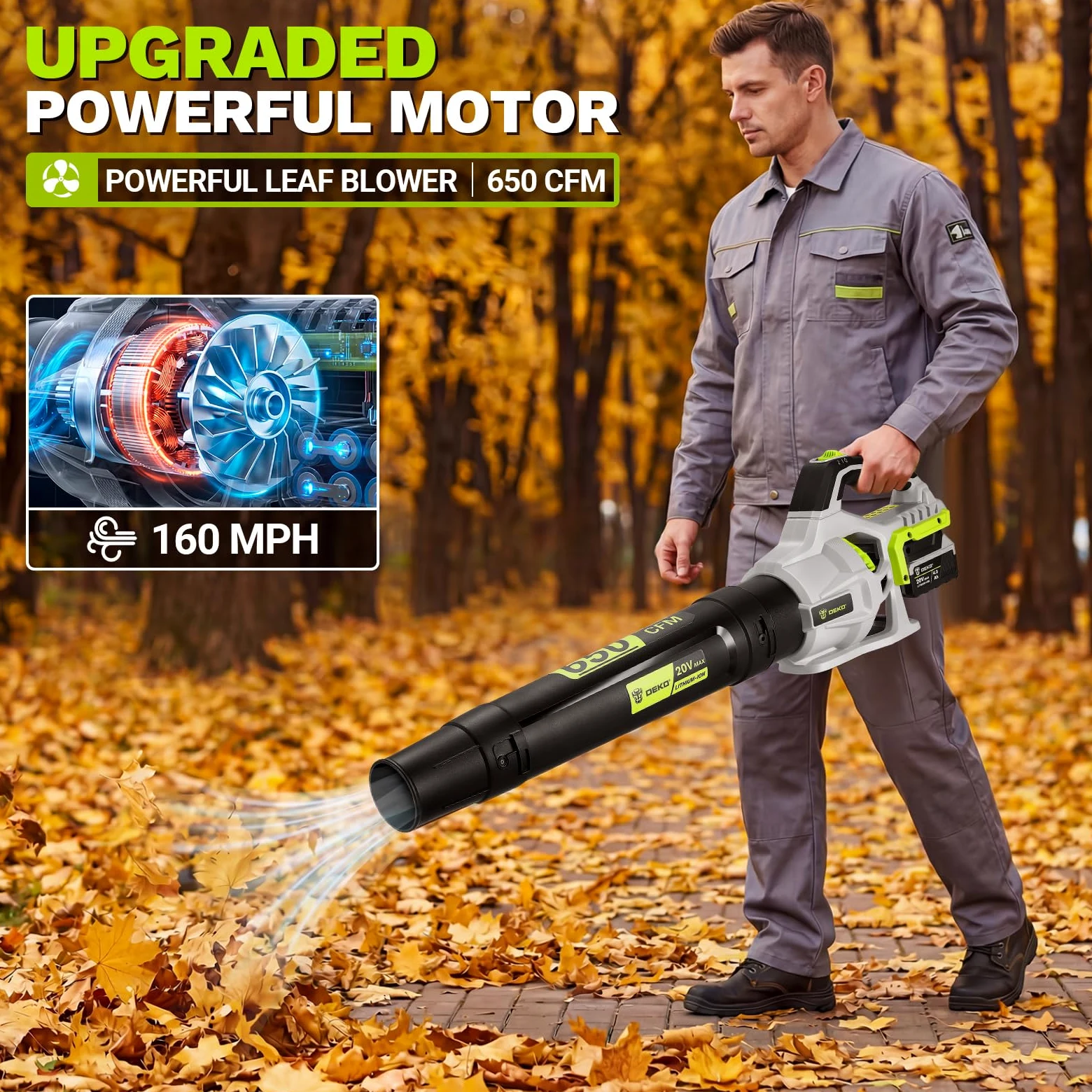 DEKOPRO Soffiatore a Batteria 20V: Soffiatore Elettrico Leggero con 2 Batterie da 4.0Ah e Caricabatterie, 650 CFM, 2 Velocità, 257km/h, per Marciapiedi, Viali, Giardino, Soffiare Foglie e Neve
