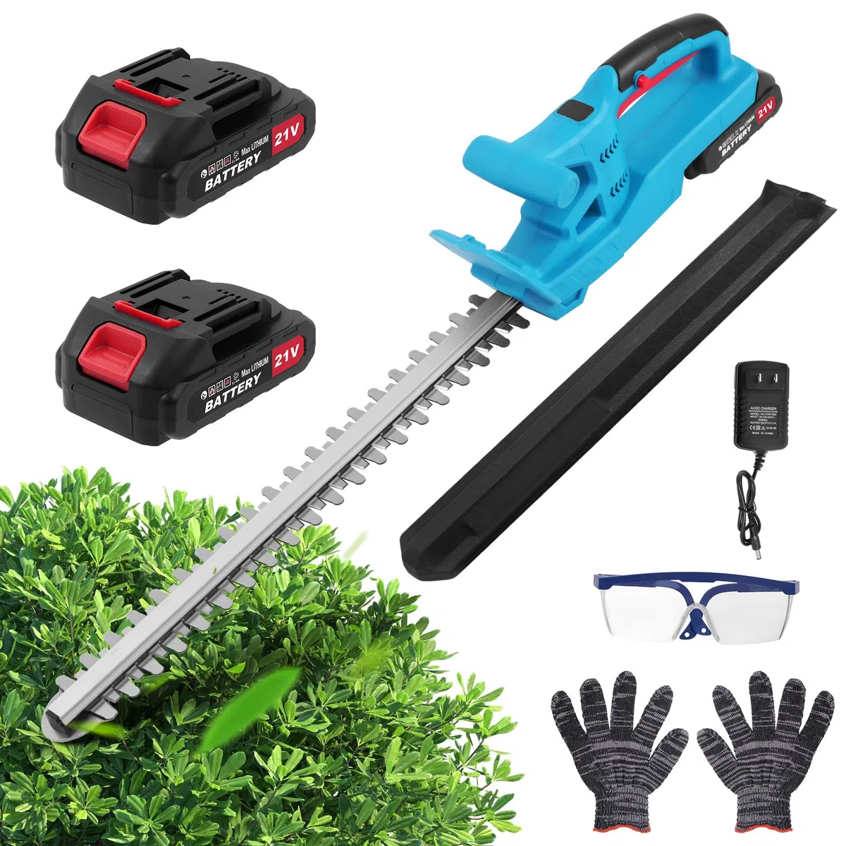 Tagliasiepi a batteria, 21 V, elettrico da giardino, batteria con 2 batterie e caricabatterie, lunghezza di taglio 50 cm, distanza tra i denti 17 mm, lama doppia azione, con display LED, custodia