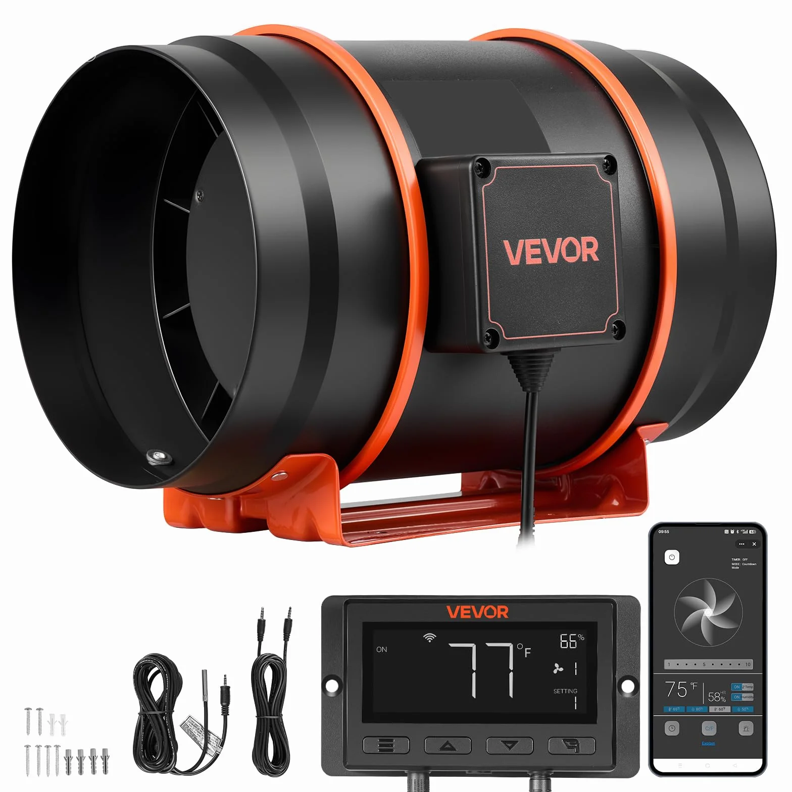 VEVOR Ventilatore da Condotto 1372 m³/h, Estrattore Aria in Linea, Motore EC 203 mm, 10 Livelli di velocità, Controllo PWM con App, Sensore di Temperatura e umidità, per Giardinaggio Indoor, Grow Box