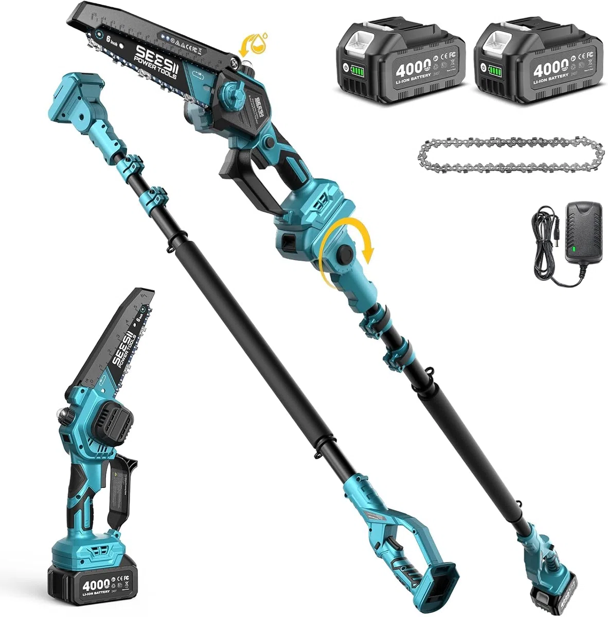 SEESII 2-in-1 Potatore Telescopico a Batteria, 6 Pollici Mini Motosega Brushless con 2 x 4000 mAh Batterie, Portata 4,87 m, Ideale per Esterno e Giardinaggio