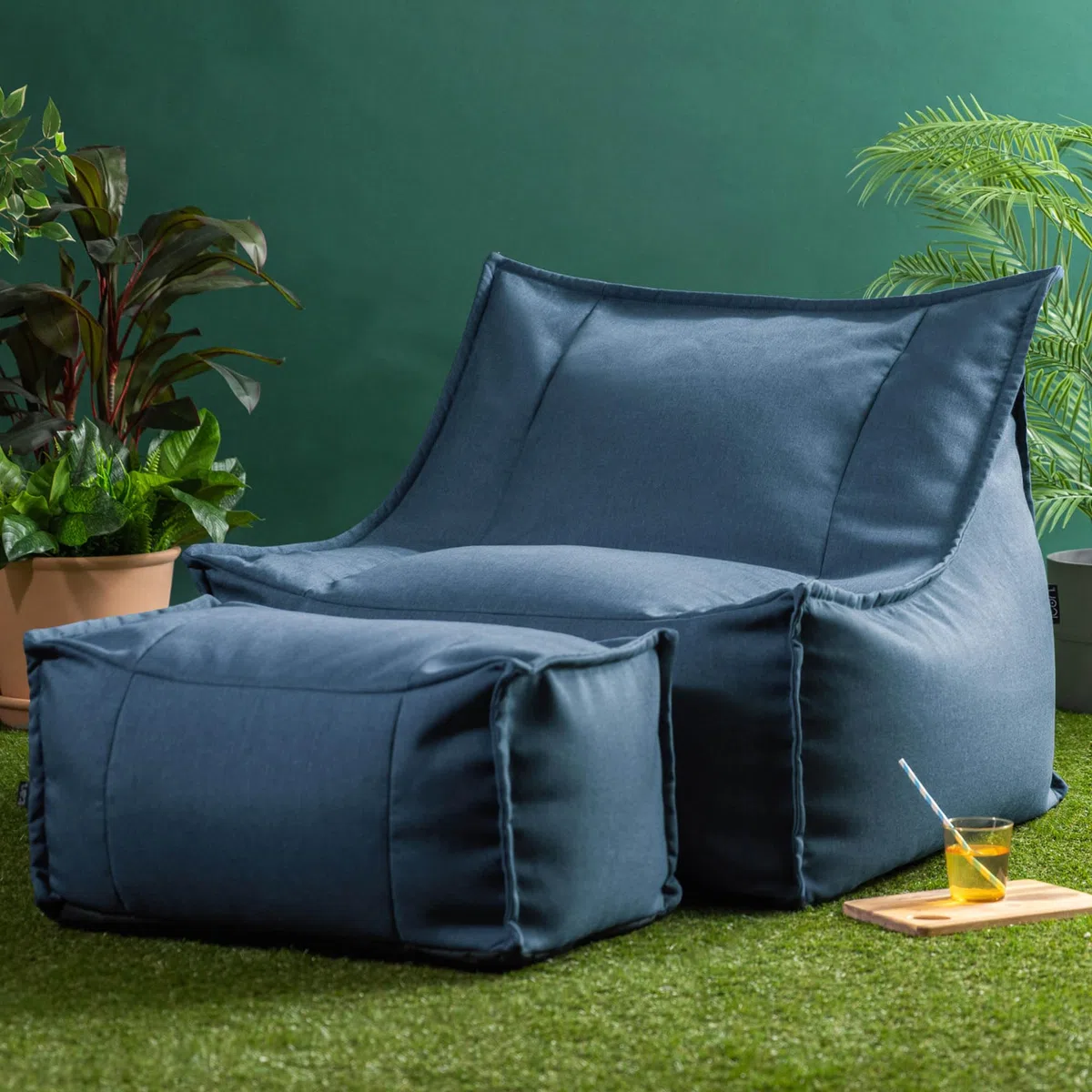 icon Alto Pouf Poltrona Sacco con Poggiapiedi, Blu Denim, Pouf de Esterno, Poltrona Sacco con Riempimento Incluso, Tessuto Resistente All'acqua, Sedia de Gardino, Mobili da Gardino, Terrazza