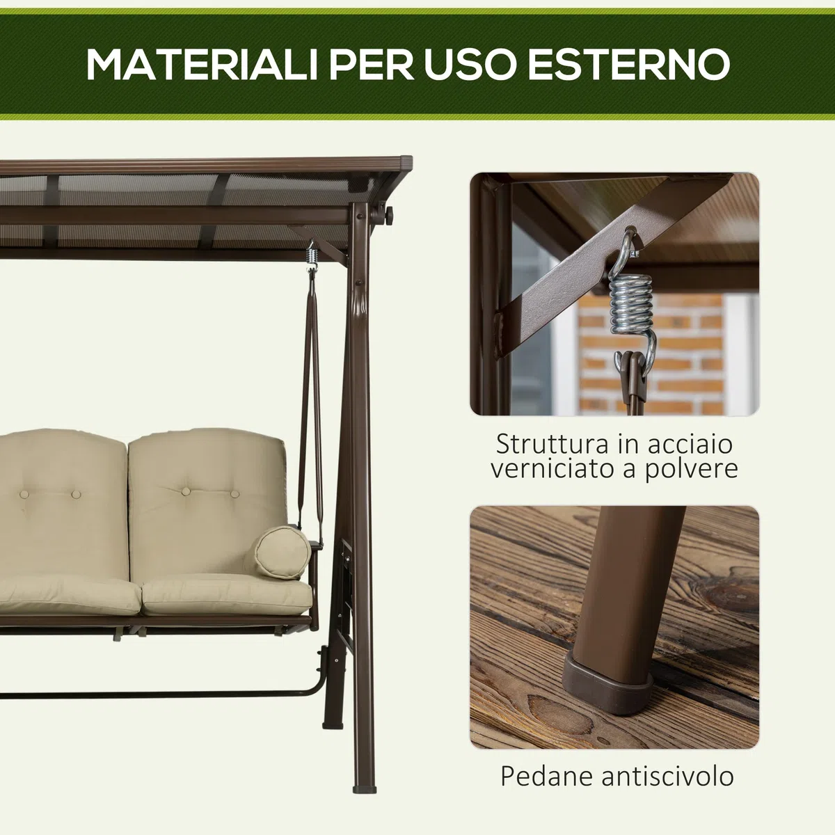 Outsunny Dondolo da Giardino 3 Posti in Acciaio e Poliestere con Tettuccio Inclinabile in PC e Cuscini per Schienale e Braccioli, 208x120x174 cm, Marrone e Kaki