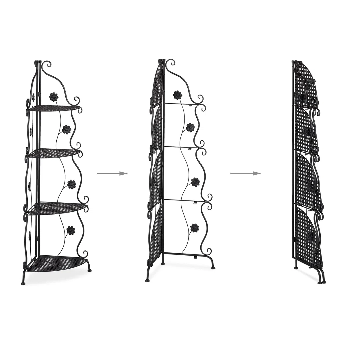 Relaxdays Scaffale Portafiori in Metallo, Fioriera Interno ad Angolo con 4 Mensole Porta Piante, 113,5x31x31 cm, Nero