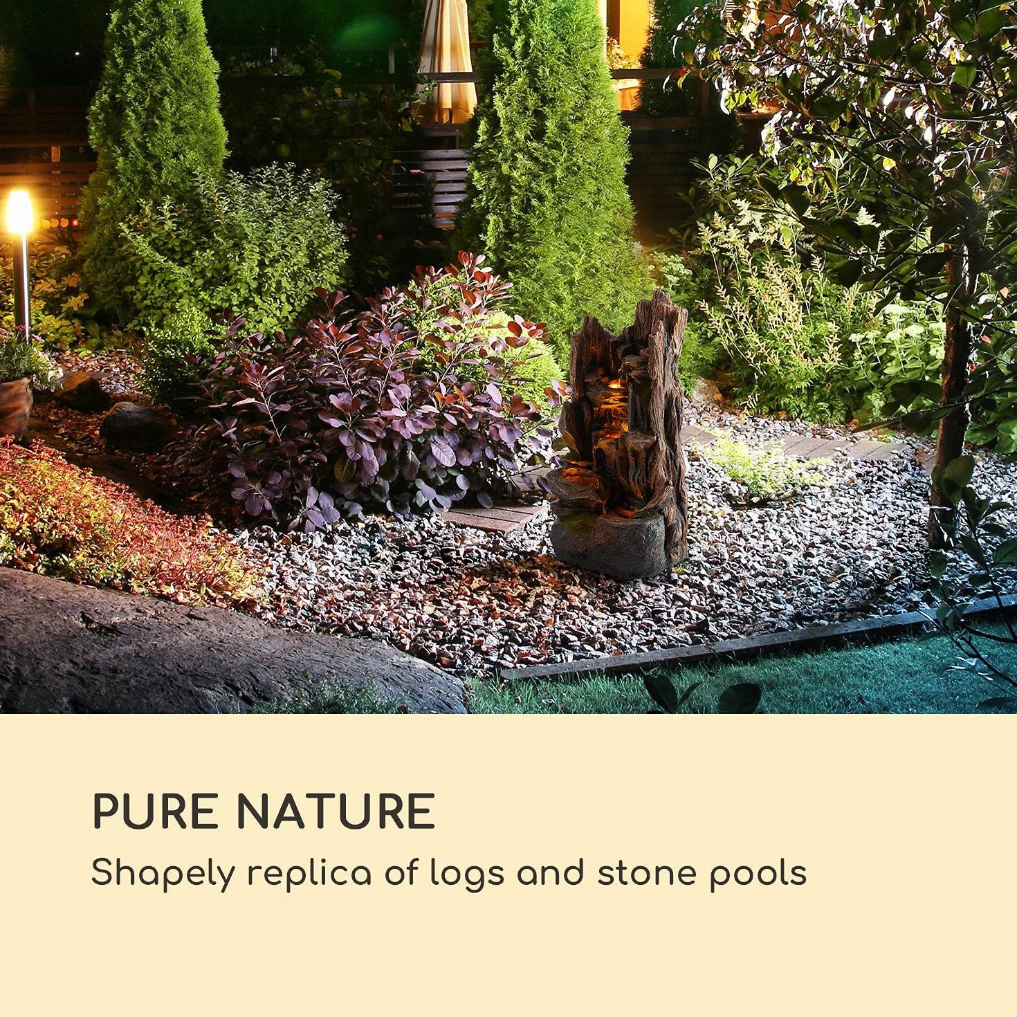 Blumfeldt Mystic Tree - Fontana Solare, incl. Pannello Solare, Batteria agli Ioni di Litio (Durata ca.5h), Luce LED, Polyresina, Resistente al Gelo, al Chiuso e all'Aperto, Effetto Legno