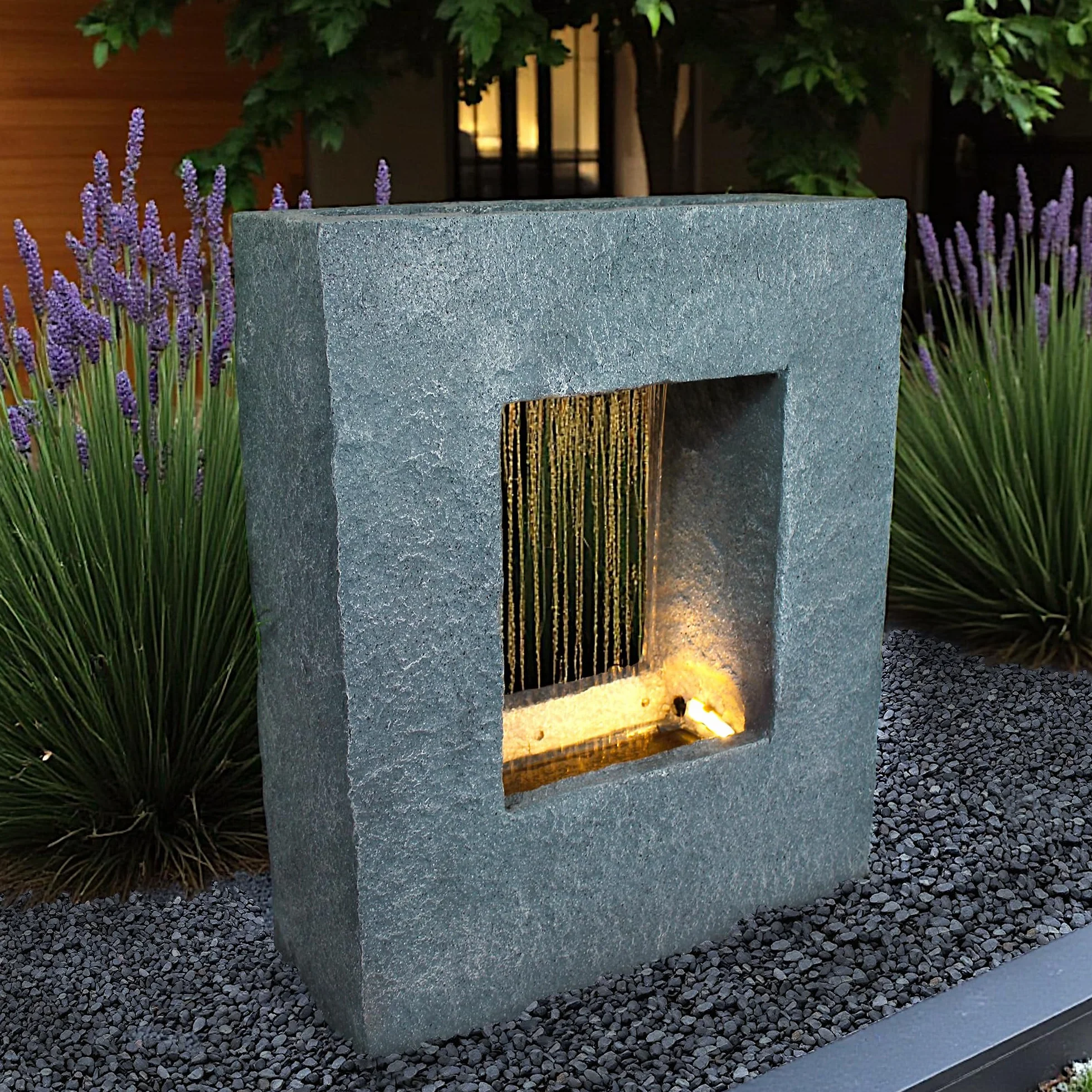 Fontana da giardino con illuminazione a LED 65x53 cm fontana da interno fontana effetto pietra pioggia cascata rettangolare bianco caldo fontana zampillante decorazione da giardino