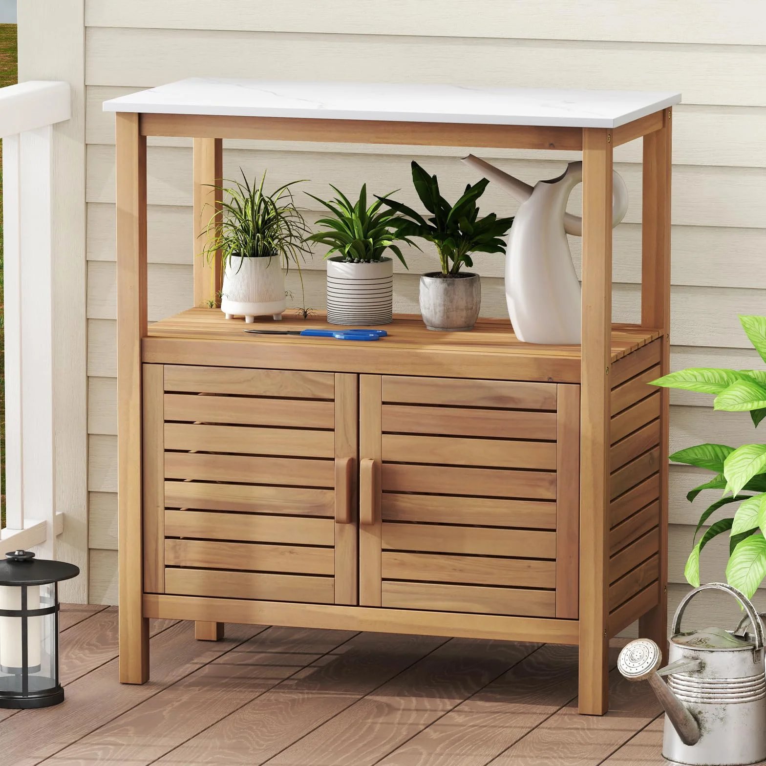 COSTWAY Armadio da Esterno Impermeabile in Legno di Acacia, Mobile Esterno Balcone con Piano di Lavoro in Resina, 2 Ante Persiana e Ripiano Aperto, per Piante e Attrezzi, Naturale, 80 x 40 x 90,5 cm