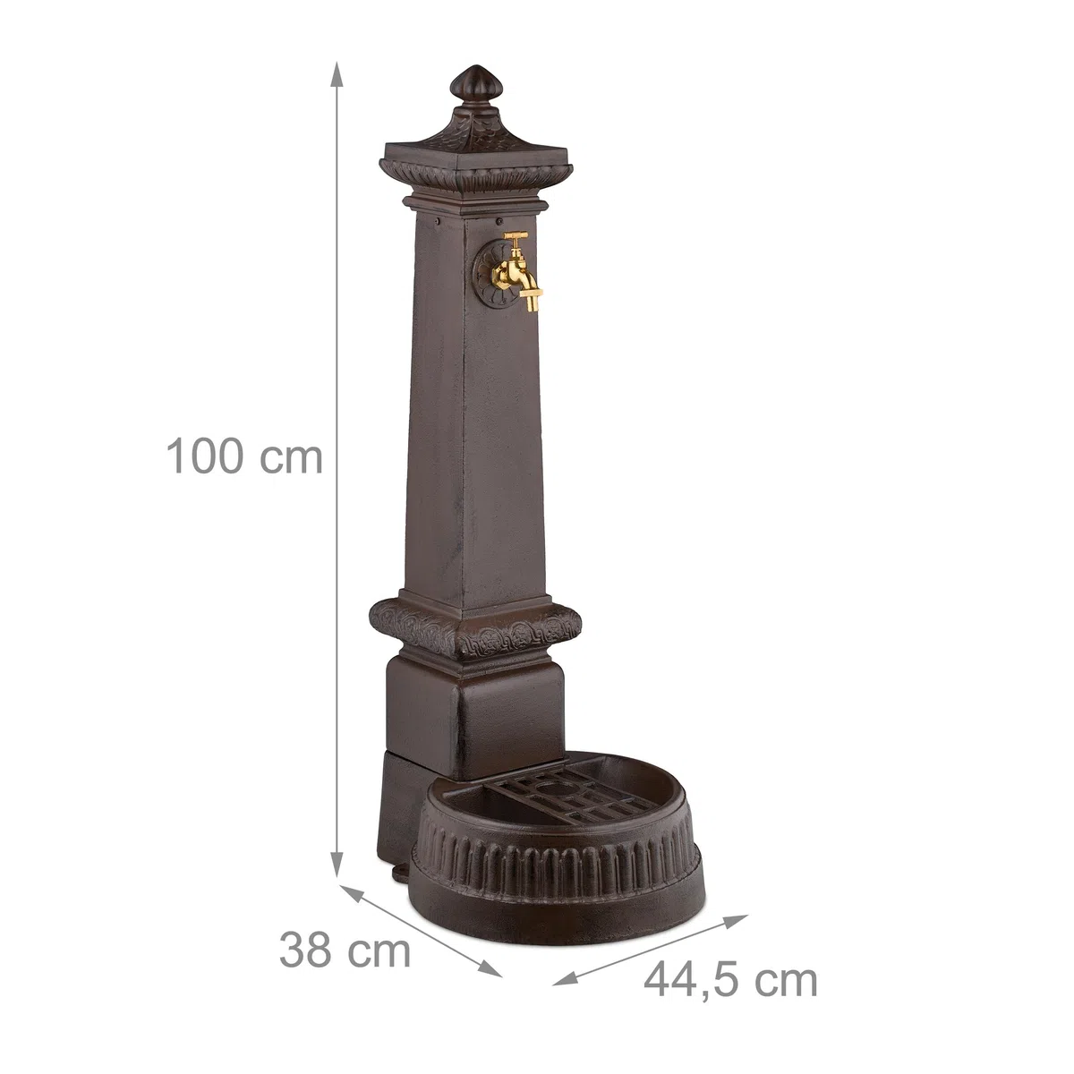Relaxdays Fontana da Giardino in Stile Antico, Fontanella a Colonna con Rubinetto e Vaschetta, 100x44,5x38 cm, Marrone