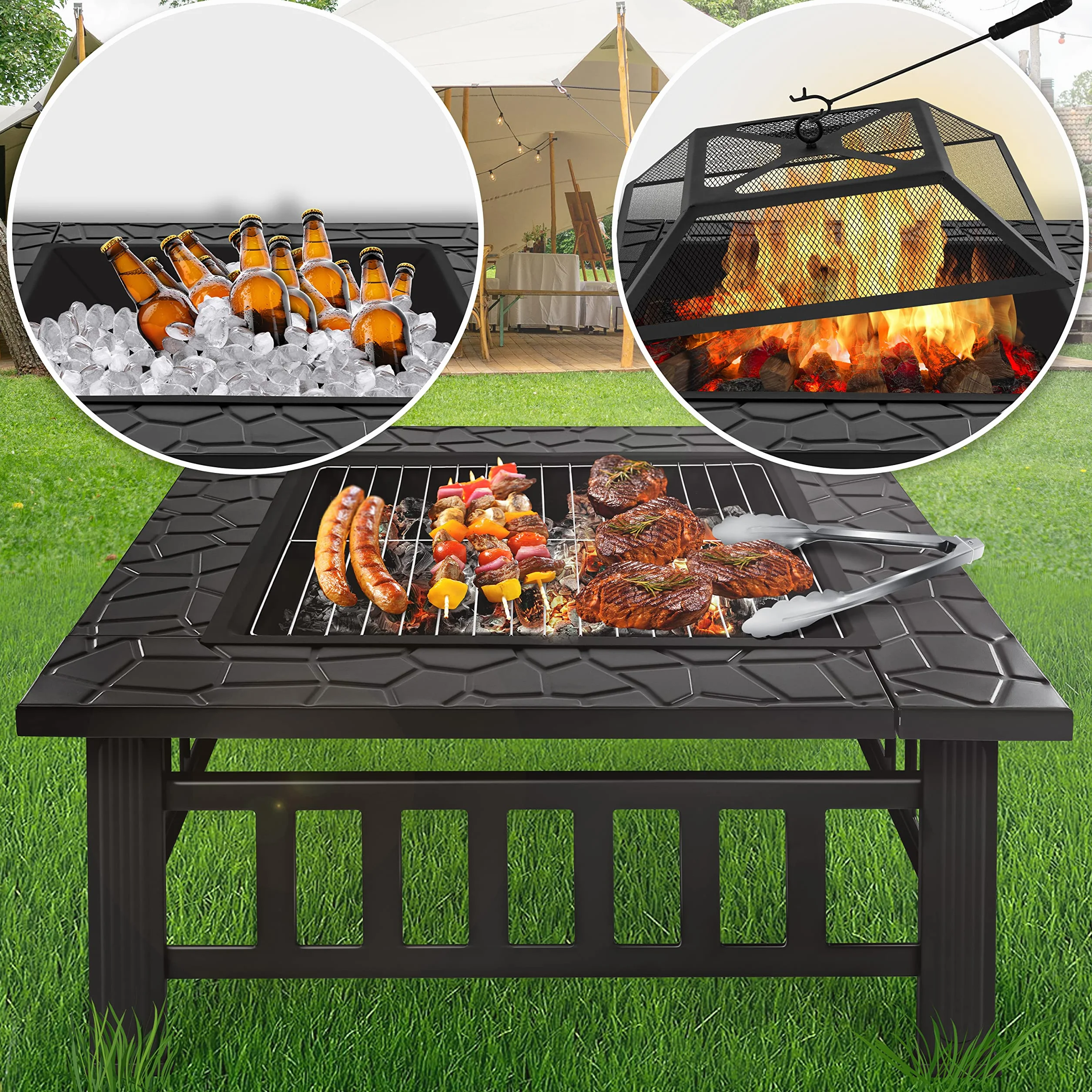 KESSER Braciere con Grill Ø 62 cm, Braciere multifunzionale per barbecue e riscaldamento, con griglia e attizzatoio, Nero