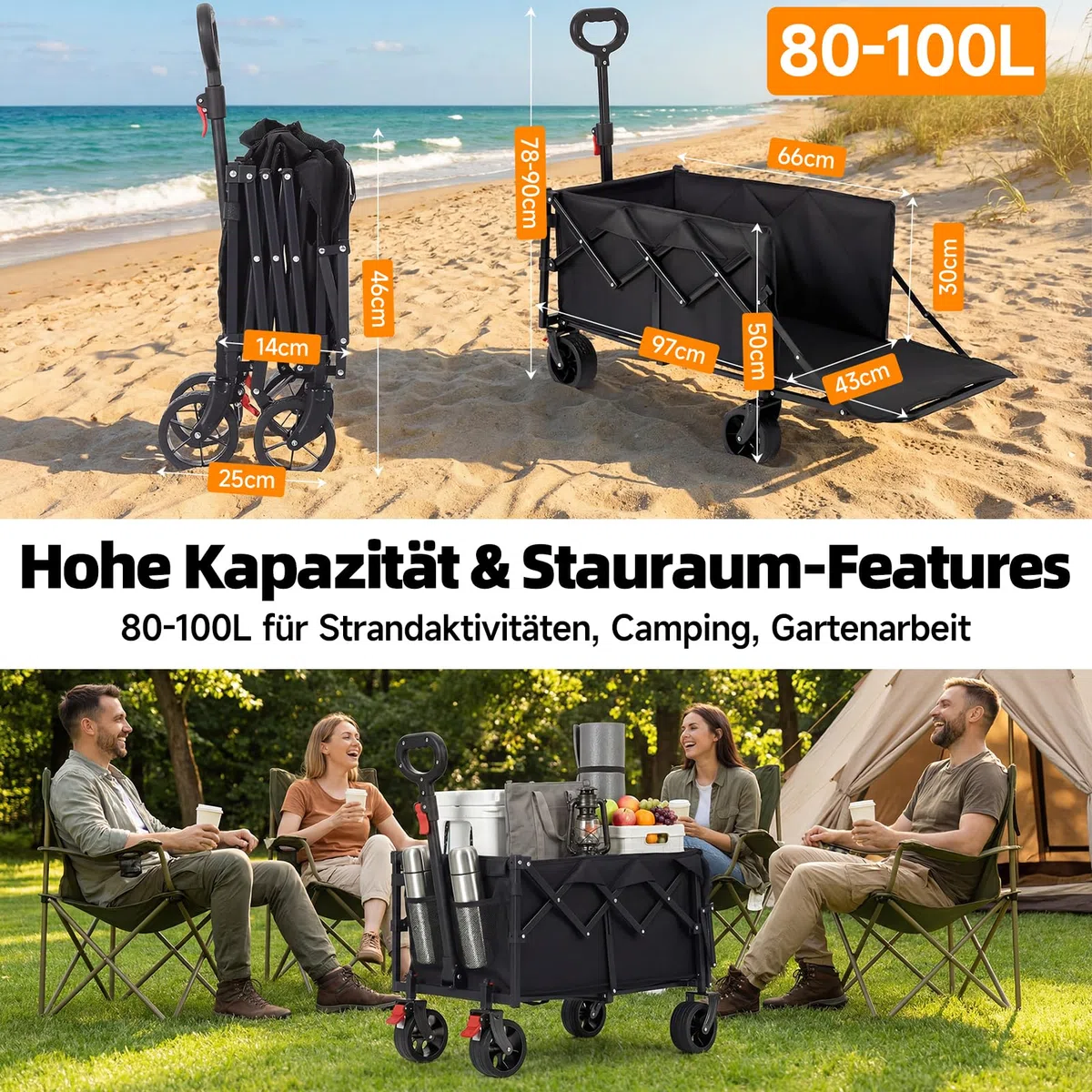 HAUSPROFI Carrello pieghevole da 100 l, portata 100 kg, adatto per fuoristrada, con freni, All-Terrain, tasca laterale e portabevande per esterni, campeggio, giardino e shopping