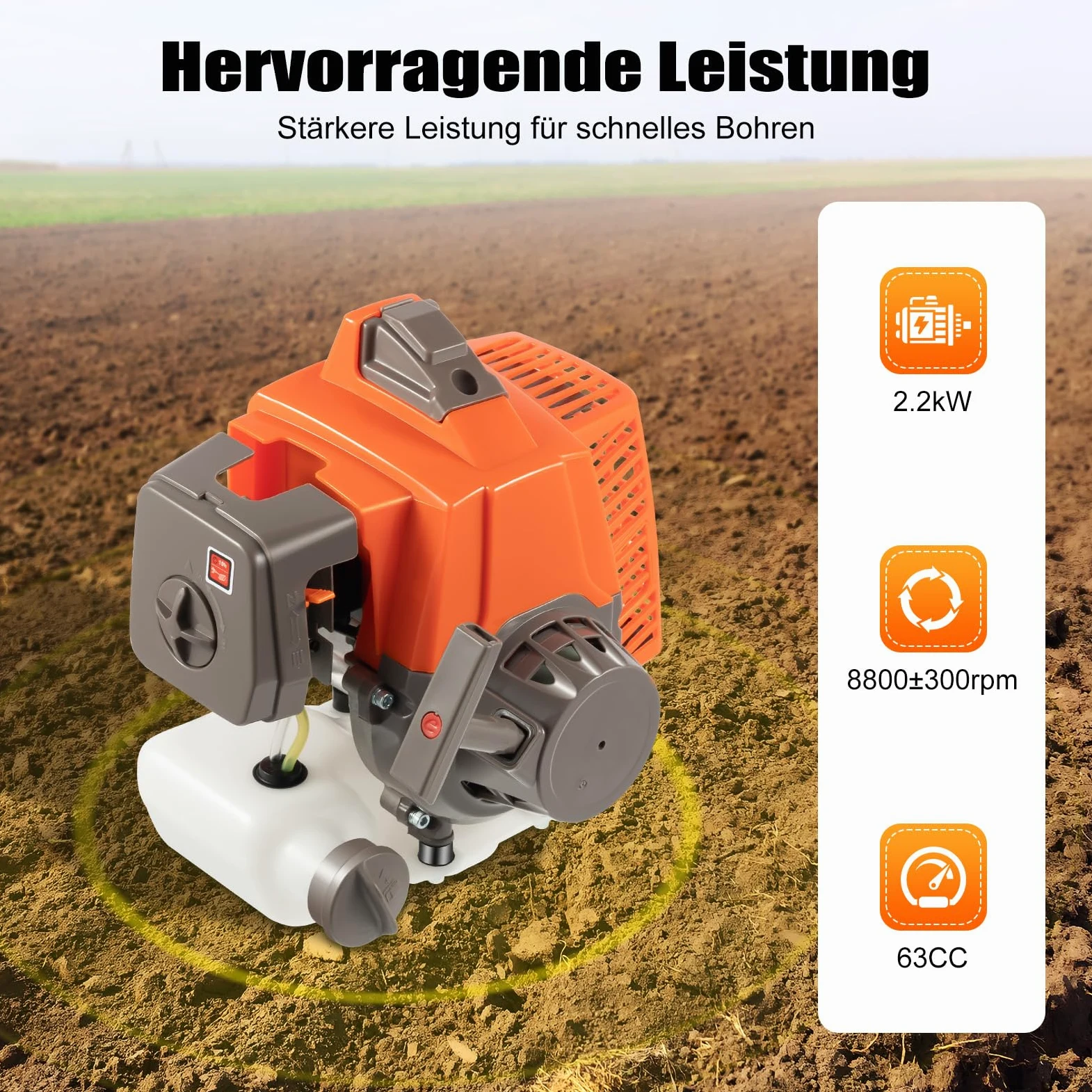 63CC - Trapano a benzina a due tempi, con carrello manuale, trapano per pali con punta da 30 cm, trapano a benzina, adatto per lavori di perforazione in giardino e altri lavori di perforazione