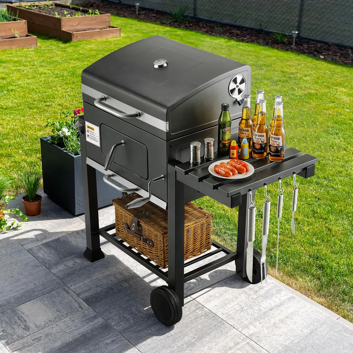 TLSUNNY Barbecue Carbonella con Coperchio, XL Barbecue a Carbone con Termometro, Ripiani Pieghevoli, Ruote, BBQ Carbonella in Giardino e all'aperto, Grande Capacità, Nero
