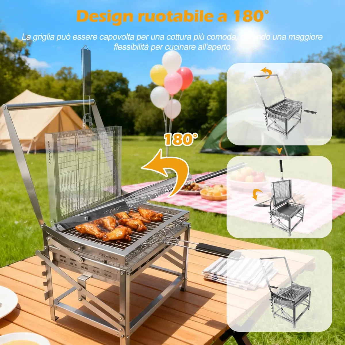 Ergocar Barbecue a Carbonella - Multifunzionale Da Esterno Portatile Ruotabile Con Vassoio a 4 Livelli Regolabile In Altezza Ideale Per Affumicare All'Aperto, Picnic, Campeggio e Barbecue