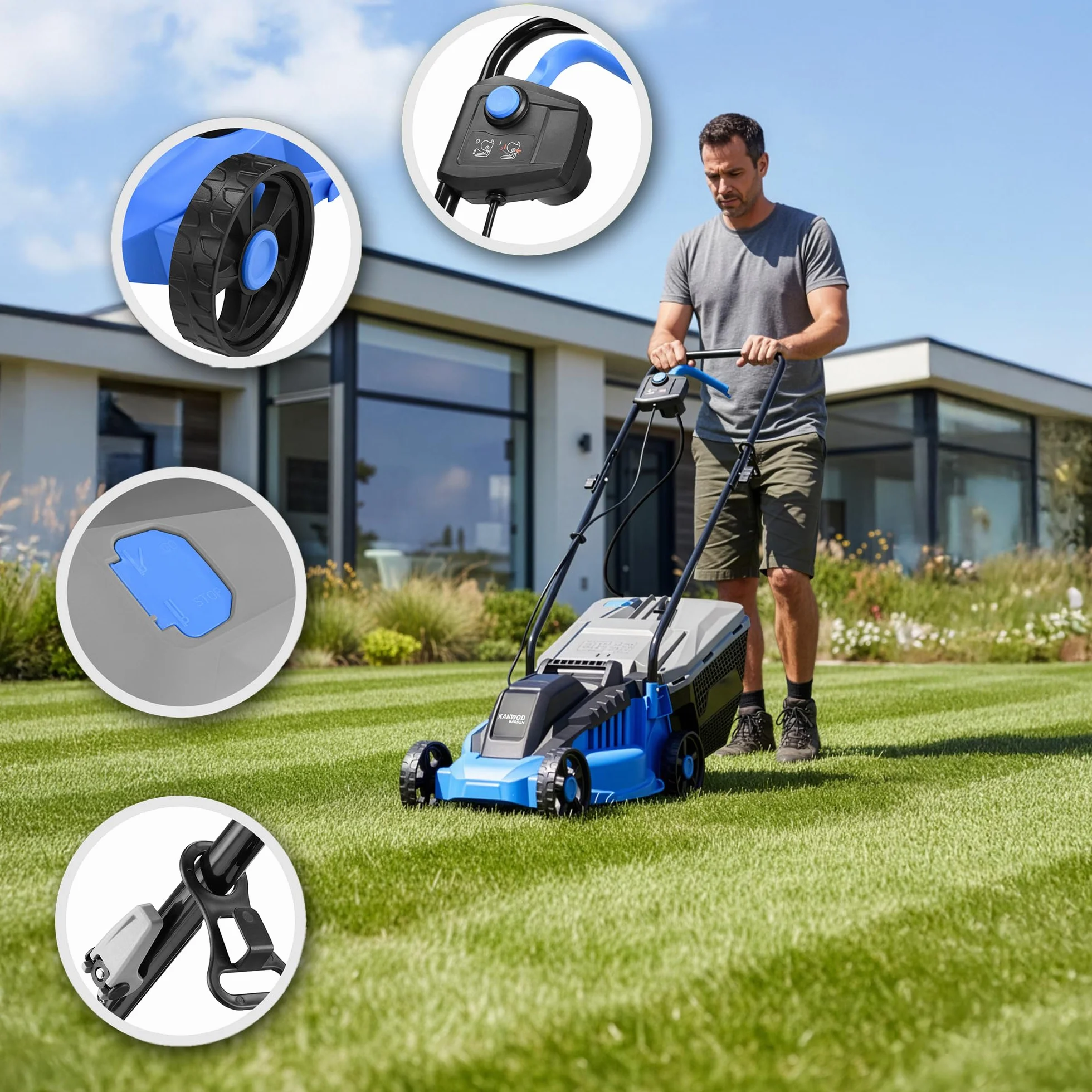 KANWOD Tagliaerba Elettrico, 1200 W, Larghezza di Taglio 32 cm, Cesto Raccoglierba 30 L, Regolazione Altezza Taglio 3 Livelli 30-70 cm, Tosaerba per superfici fino 500 m², 3400 giri/min, Grigio/Blu