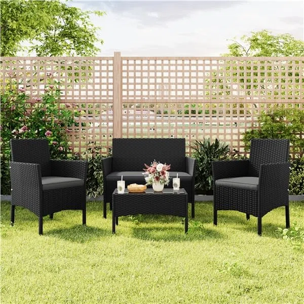 Yaheetech Set da Giardino in Rattan, 4 Posti, con divano a 2 posti, 2 sedie, tavolo e cuscini per seduta resistente alle intemperie, Salotto da Siardino Esterno, per Terrazza Balcone Patio