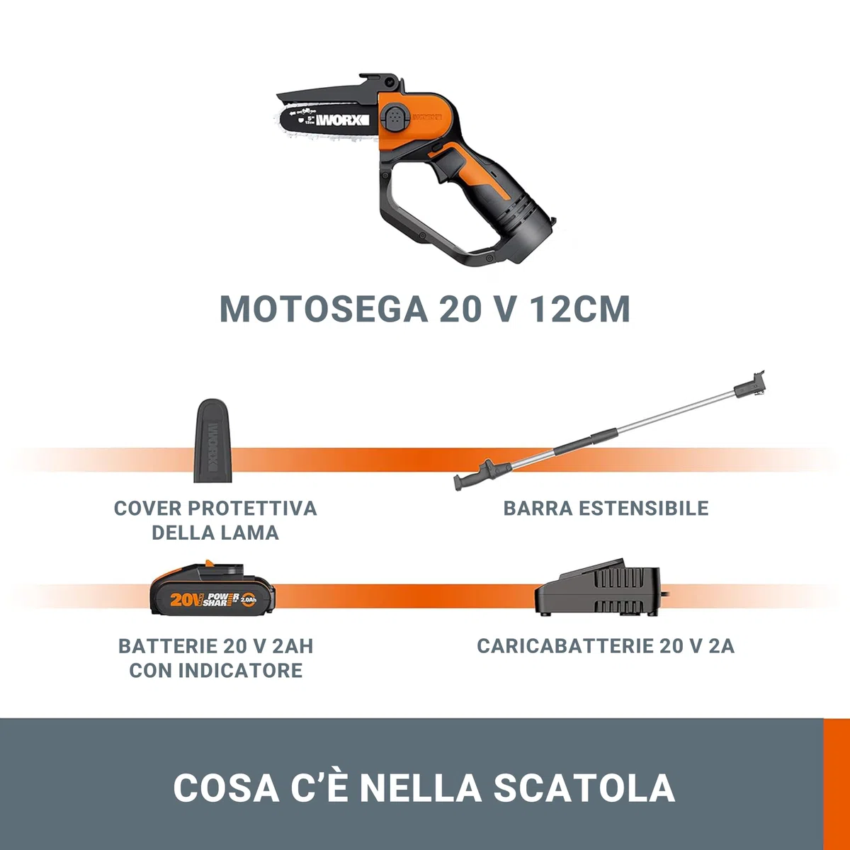 WORX 18V (20V MAX) Mini Motosega a Batteria, Elettrica Motosega senza Fili, Leggera e Portatile, PowerShare, 1 Batteria, 1 Caricabatterie, Barra da 12 cm, WG324E.1
