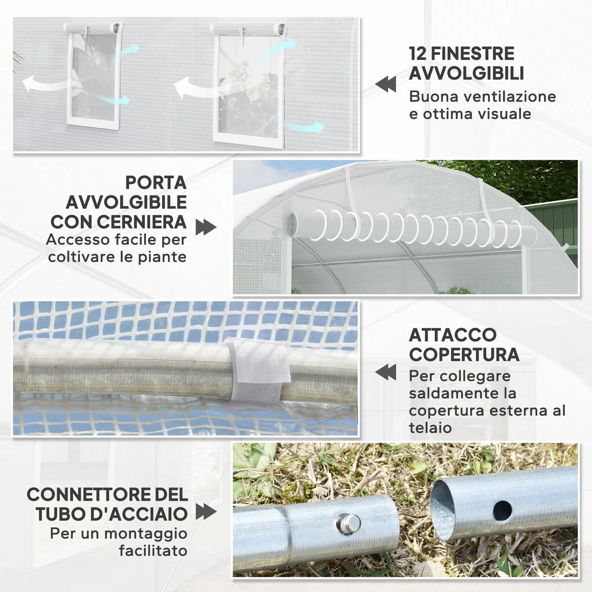 Outsunny Serra da Giardino a Tunnel 8x3x2 m con Porte Avvolgibili e 12 Finestre, Serra per Orto con 4 Rinforzi Diagonali, Struttura in Acciaio e Copertura PE, per Orto Verdure Fiori Frutta, Bianco