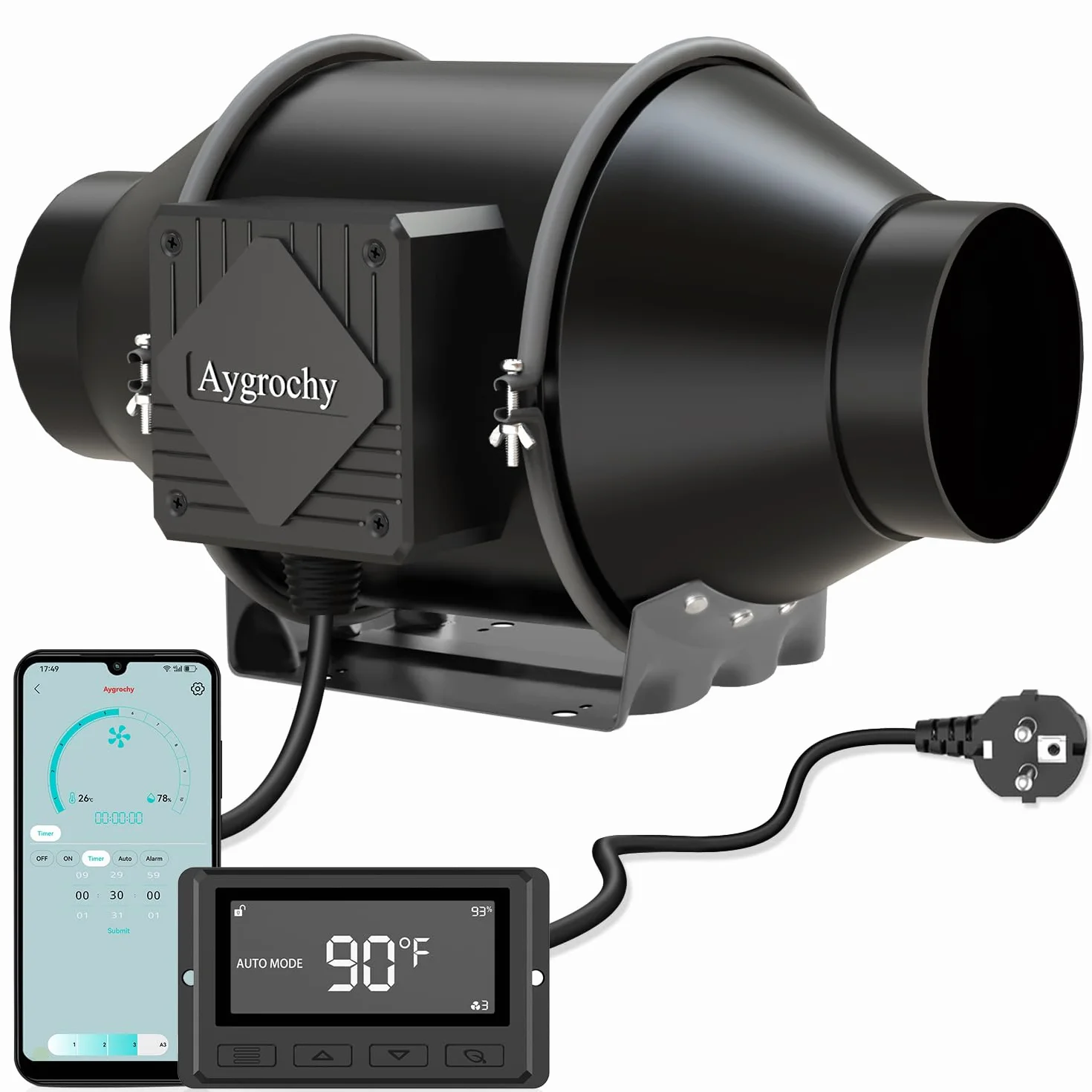 Aygrochy App Wifi Ventola di Aspirazione 100mm, estrattore d'aria con regolatore di temperatura e umidità, motore EC, 2800 giri/min, aspiratore aria e fumo per cucina, garage, bagno,tende di crescita.