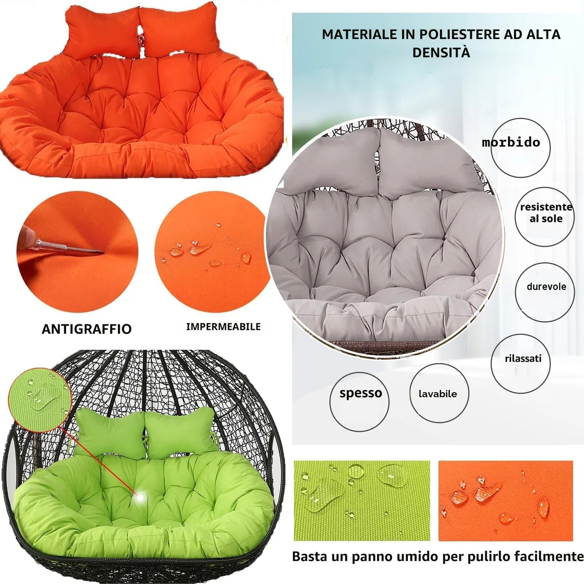 Poltrona a Dondolo Sospesa Doppia con Morbido Cuscino Profondo, Poltrona a Dondolo da Esterno a 2 Posti con Cordini, Completamente Imbottito, Design Non Crollabile (Grigio)