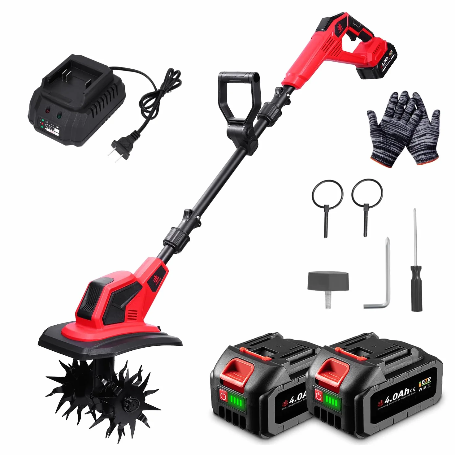 ONEVAN Motozappa Elettrica, 550W Motozappa a Batteria, Larghezza 23 cm e Profondità 16 cm, 2 batterie da 4,0 Ah, Impugnatura Regolabile, Zappatrice Elettrica, per Giardinaggio e Coltivate