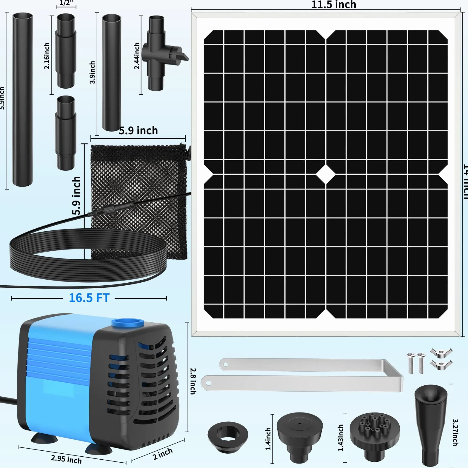 Pompa solare per laghetto, pompa solare da 20 W, portata 1300 l/h, cavo di alimentazione allungabile da 5 m, 4 modelli di spruzzo e sacco raccogli-sporco, ideale per laghetti e impianti d'acqua
