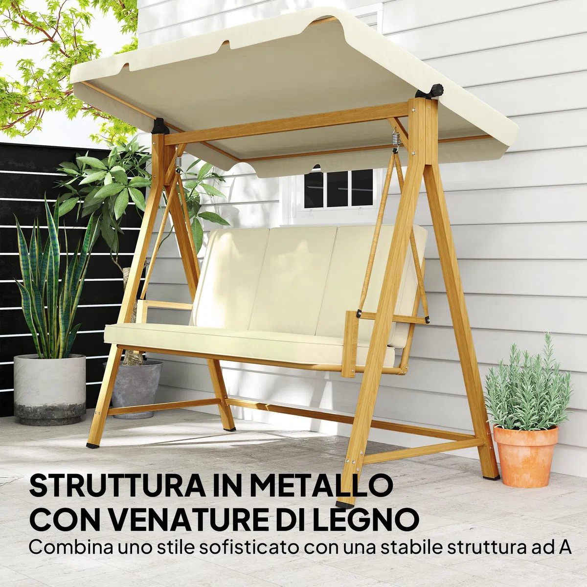 Outsunny Dondolo da Giardino 3 Posti con Tettuccio Parasole Regolabile, Dondolo da Esterno con Cuscini e Struttura in Metallo Effetto Legno, Portata Fino a 330 kg, UV 30+, 195x120x170 cm, Beige