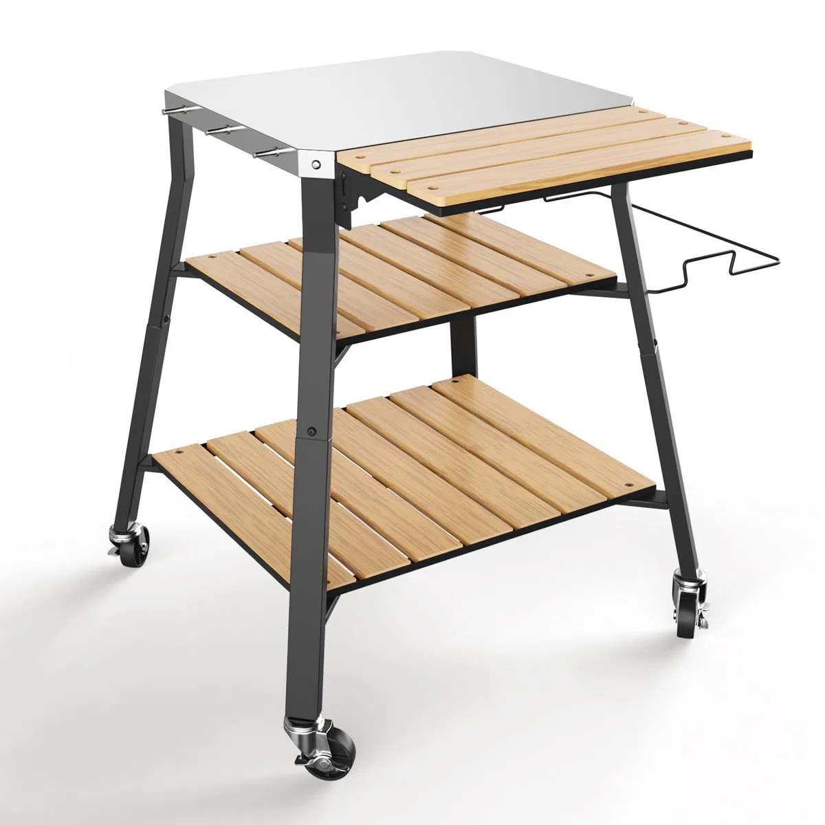 GFTIME Carrello per barbecue portatile universale, in acciaio inox, per barbecue Solo Stove & Ninja Woodfire Outdoor BBQ, supporto per barbecue con ripiani in WPC e ruote girevoli a 360°