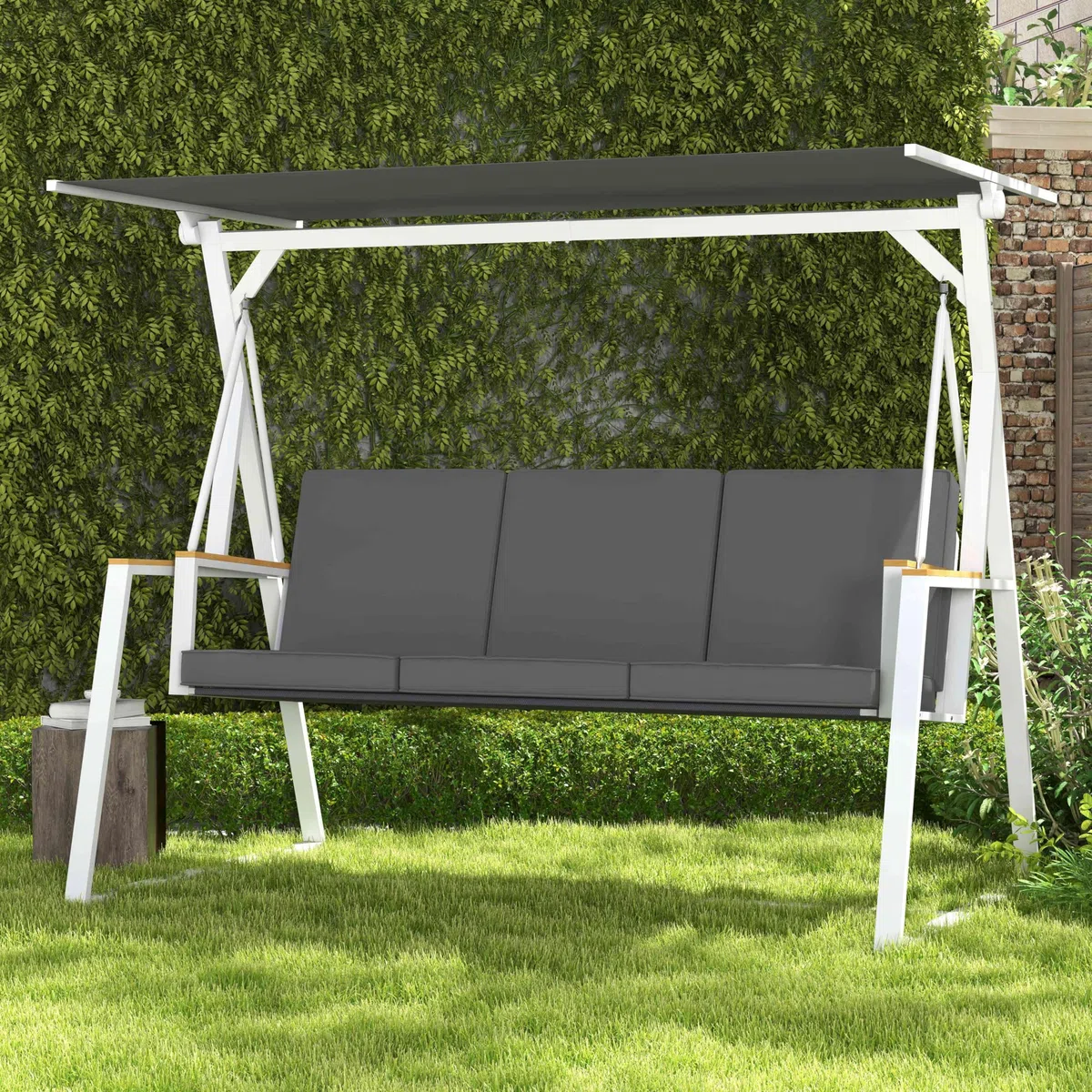 Outsunny Dondolo 3 Posti con Tettuccio Inclinabile e Cuscini, Dondolo da Giardino in Acciaio con Seduta Traspirante, 205x130x175 cm, Grigio Scuro