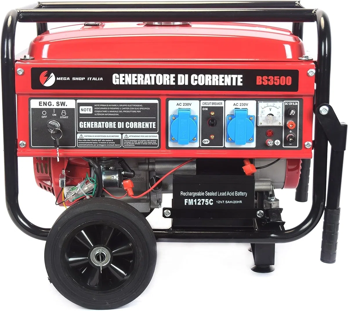 Generatore di Corrente 3000W Benzina 4 tempi con 2 prese 230V con Avviamento Automatico a Chiave e Batteria Portatile con Ruote
