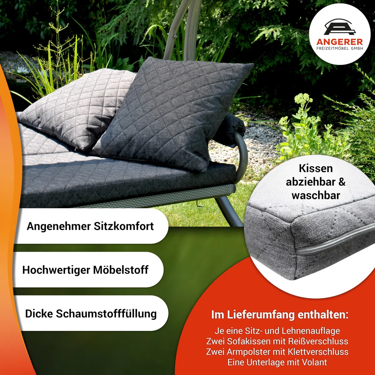 ANGERER Dondolo Hollywood Trend – Altalena per sedersi, sdraiarsi e rilassarsi, con funzione letto, facile da montare, Made in Germany, federe lavabili, grigio chiaro
