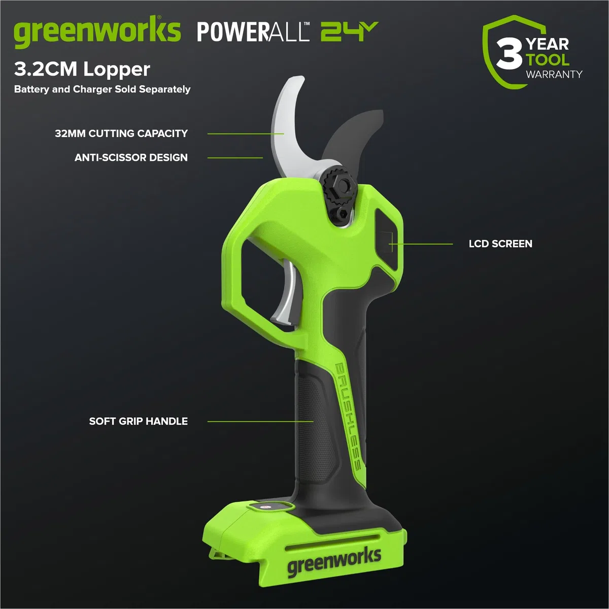 Greenworks Forbice Elettrica 24V Solo Utensile, Motore Brushless, Lame Acciaio Laser, Apertura 22/32 mm, Display LED, Forbice Potatura Batteria LP1212A1