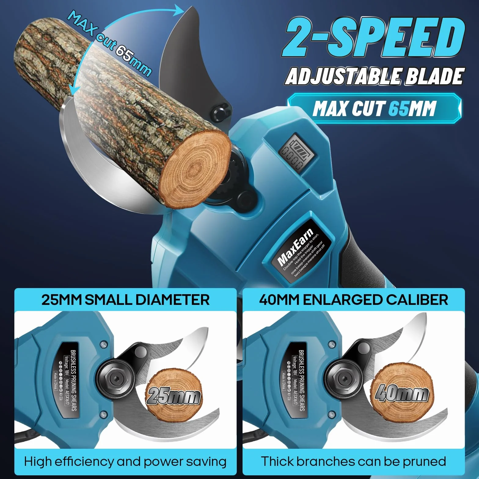 Forbice elettrica a batteria per Makita BL-18V, 40mm Forbice da giardino, Max apertura 65mm Forbice a batteria con motore senza spazzole, display LCD, cesoia per potatura di alberi (senza