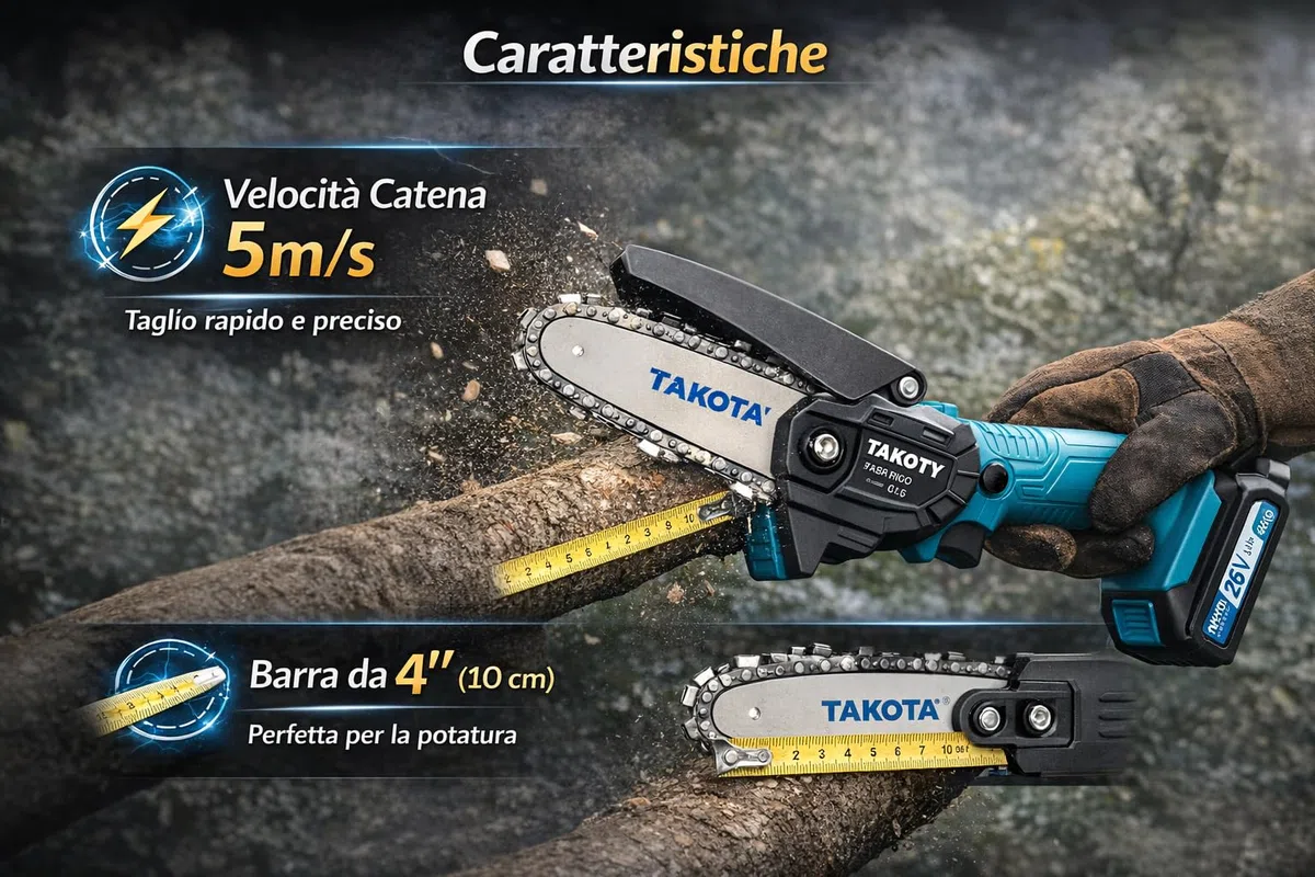 Mini Motosega a Batteria 4 Pollici per Potatura, Motosega Elettrica Portatile con 2 Batterie 26V 2.0Ah, Sega a Catena Compatta per Taglio Rami, Giardino e Alberi, Leggera e Facile da Usare